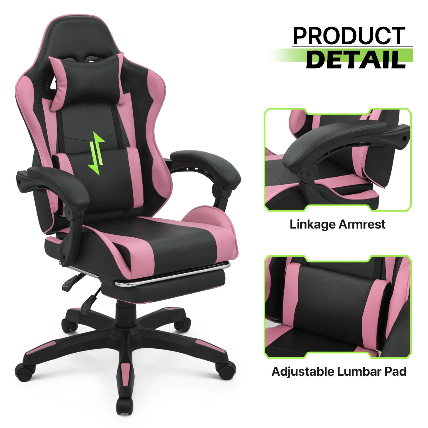 Magshion Adjustable Gaming Chair, Ergonomic PC Computer Seat with Headrest and Lumbar Support for Adults Teens Desk Chair, Black