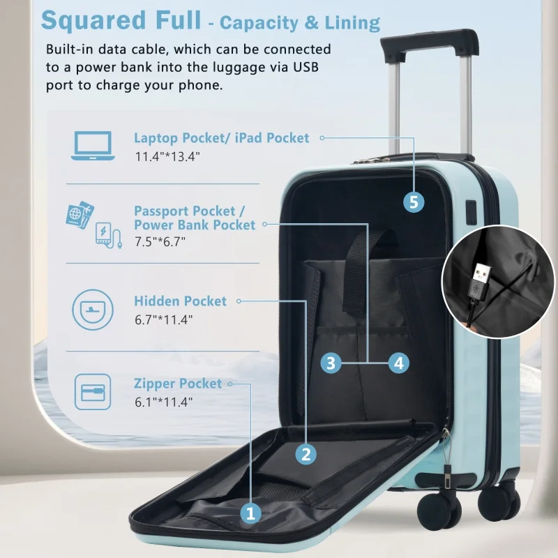 Front Opening Luggage Set 3 Piece, Hardside Carry on Suitcase with USB Port, Expandable Luggage with Handle Bag Spinner Wheels TSA Lock