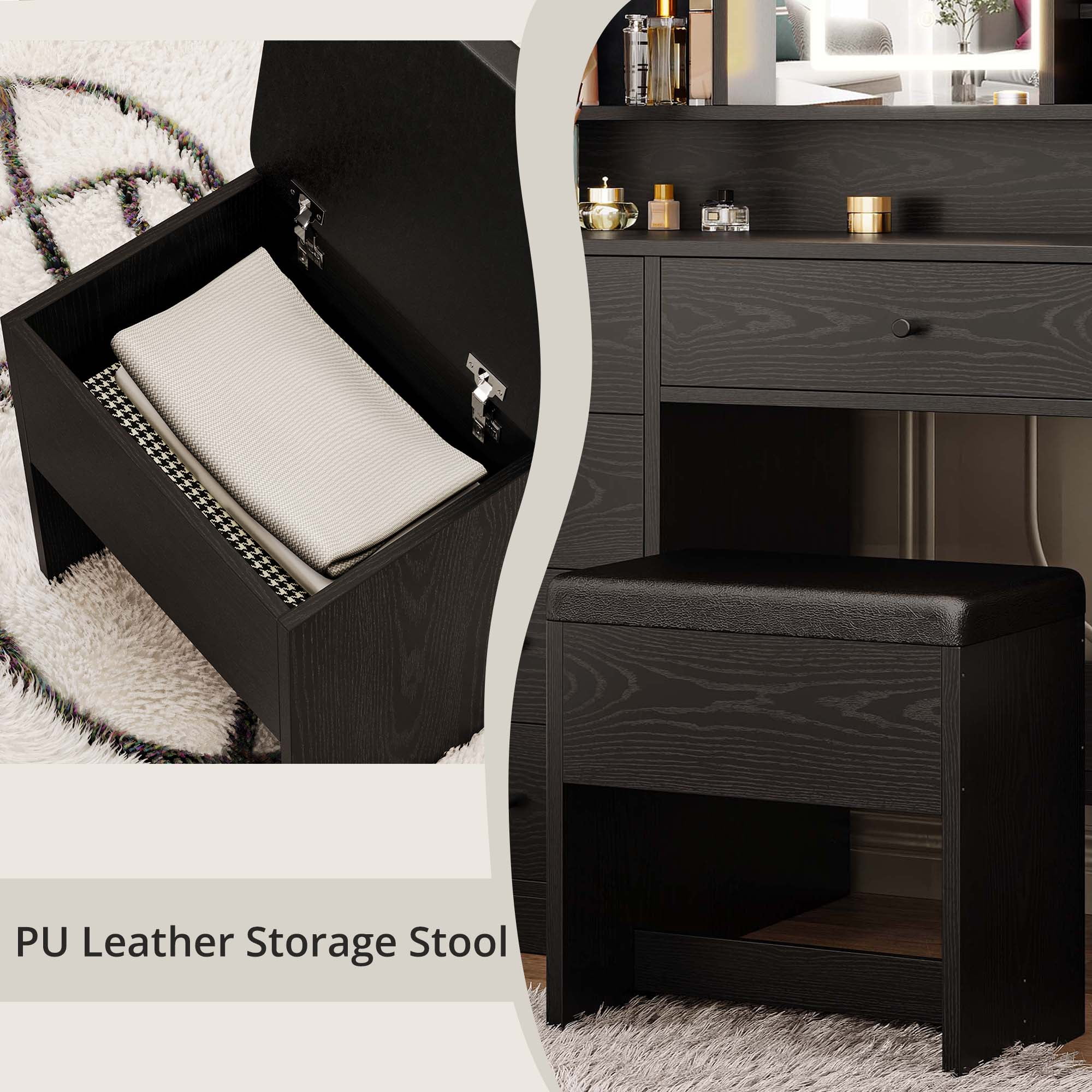 IRONCK White Vanity Set with Mirror and Lights, Makeup Vanity Desk with 5 Drawers & 2 Cabinets & Charging Station