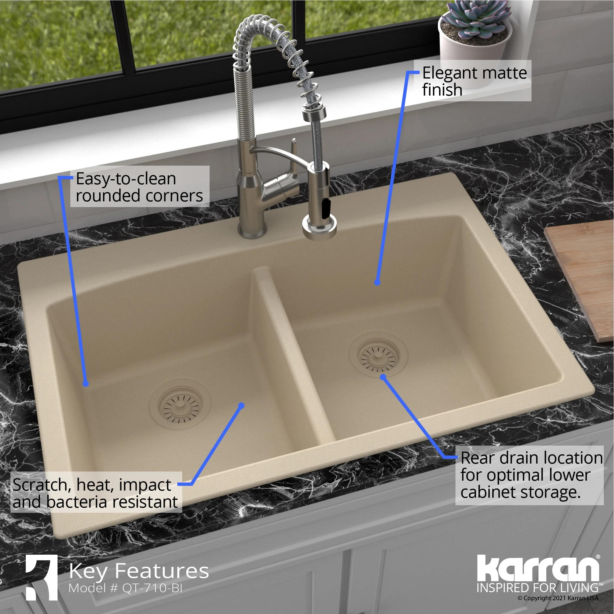Karran QT-710-BR Brown Quartz Composite Rectangular Double Bowl Sink