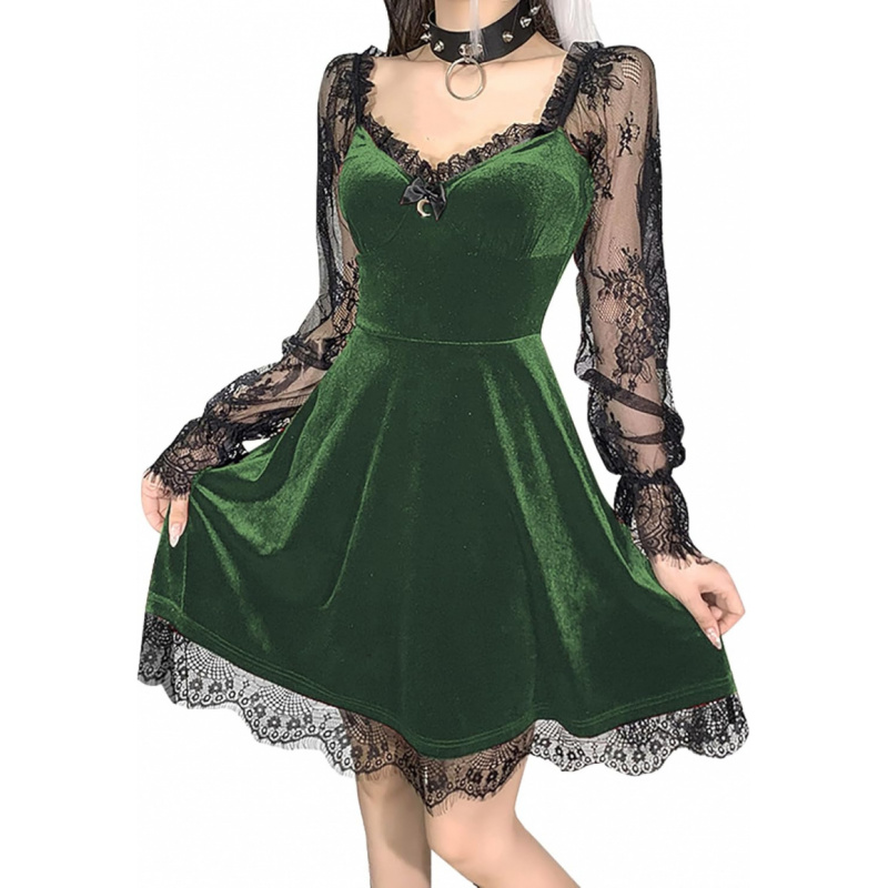 Women Gothic Velvet Dress - Flared Lace Long Sleeve Midi Dresses