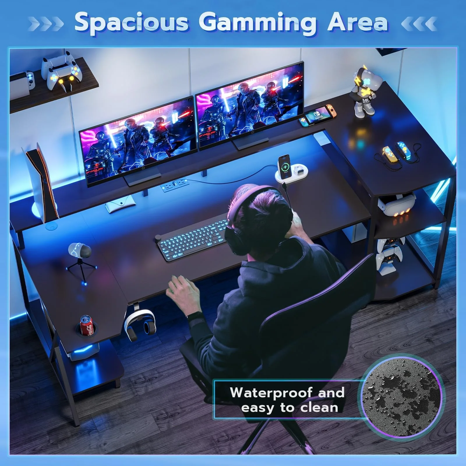 SEDETA Gaming Desk 70.8'' with LED Lights and Storage Shelves, Computer Desk with Monitor Stand, Power Outlets and Cup Holder, Large PC Gamer Desk, Gaming Table for Bedroom, Living Room, Black