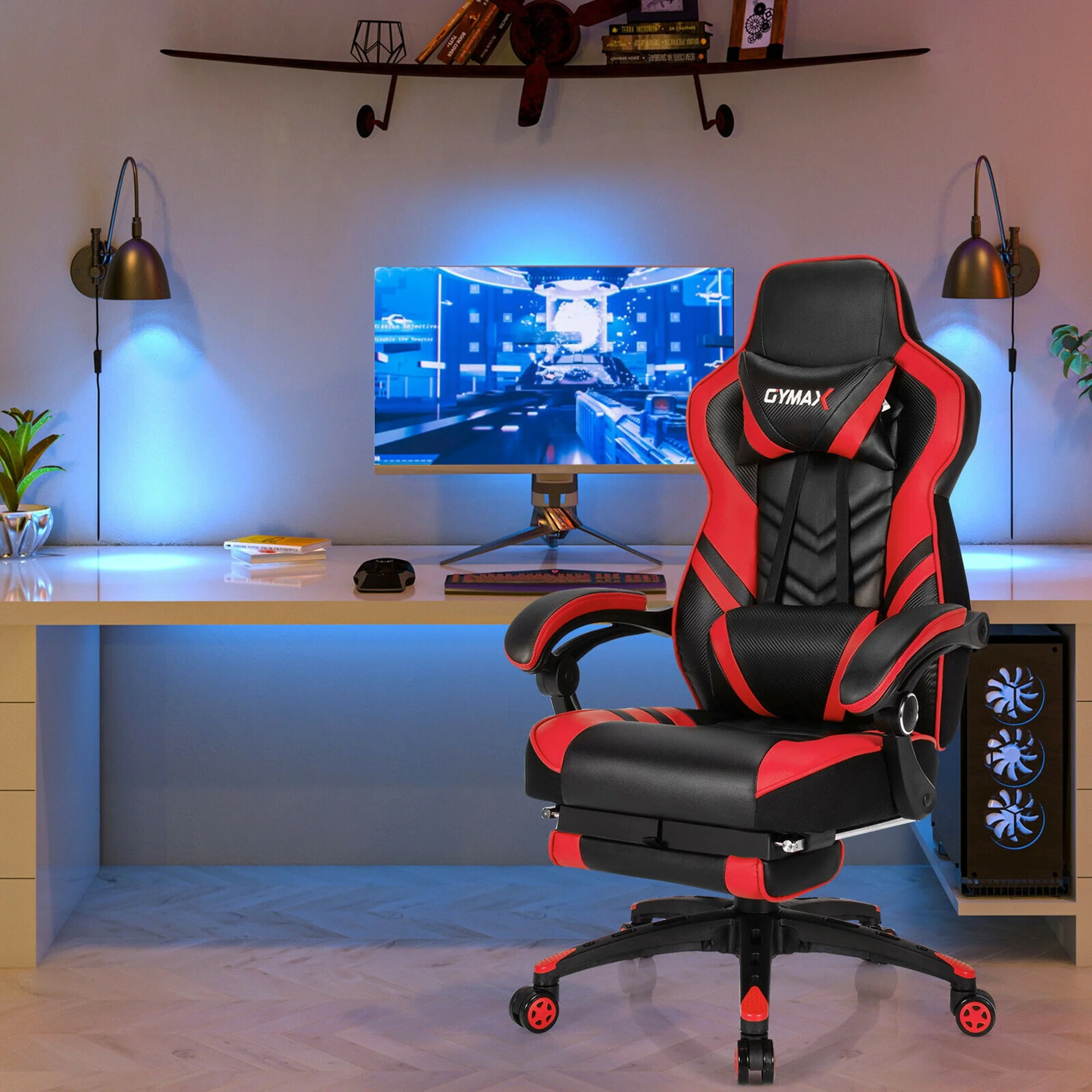 Gymax Office Computer Desk Chair Gaming Chair Adjustable Swivel w/Footrest Red