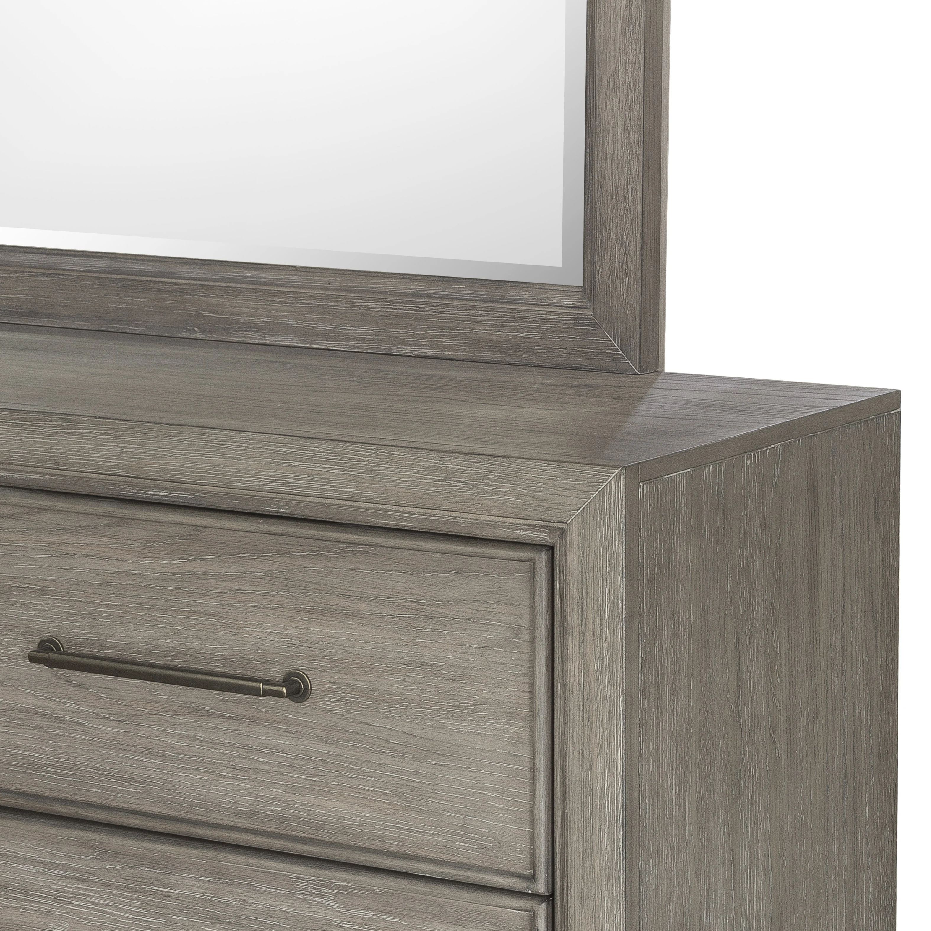 Ennesley Gray Wood Bedroom Set with Upholstered Panel King Bed, Dresser, Mirror, 2 Nightstand, and Chest