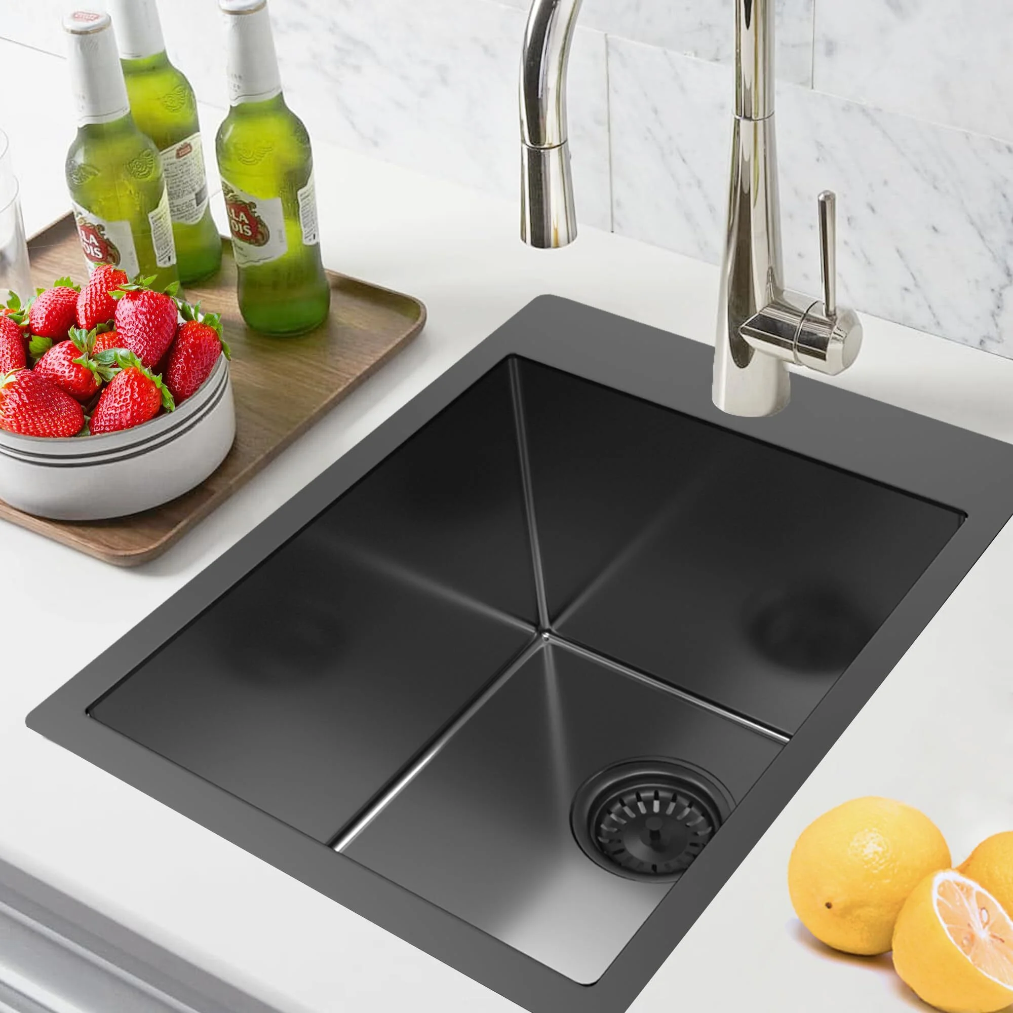 15 x 15 Inch Black Drop In Kitchen Bar Sink, Small Kitchen Sink Single Bowl Topmount Bar Prep Sink 18 Gauge Stainless Steel Bar Sink with Grid and Basket Strainer