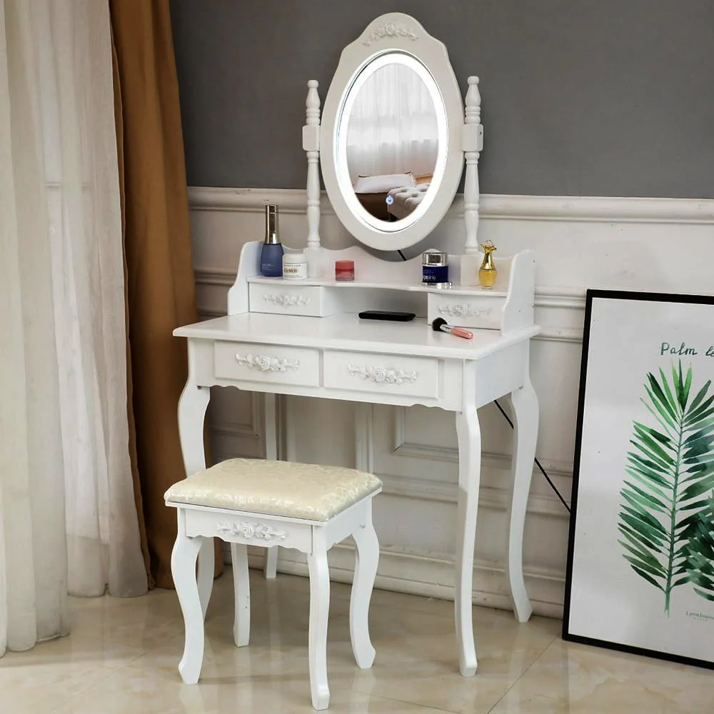 Ktaxon Elegance White Dressing Table Vanity Table and Stool Set Wood Makeup Desk with 4 Drawers & Lighted LED Touch Screen Mirror