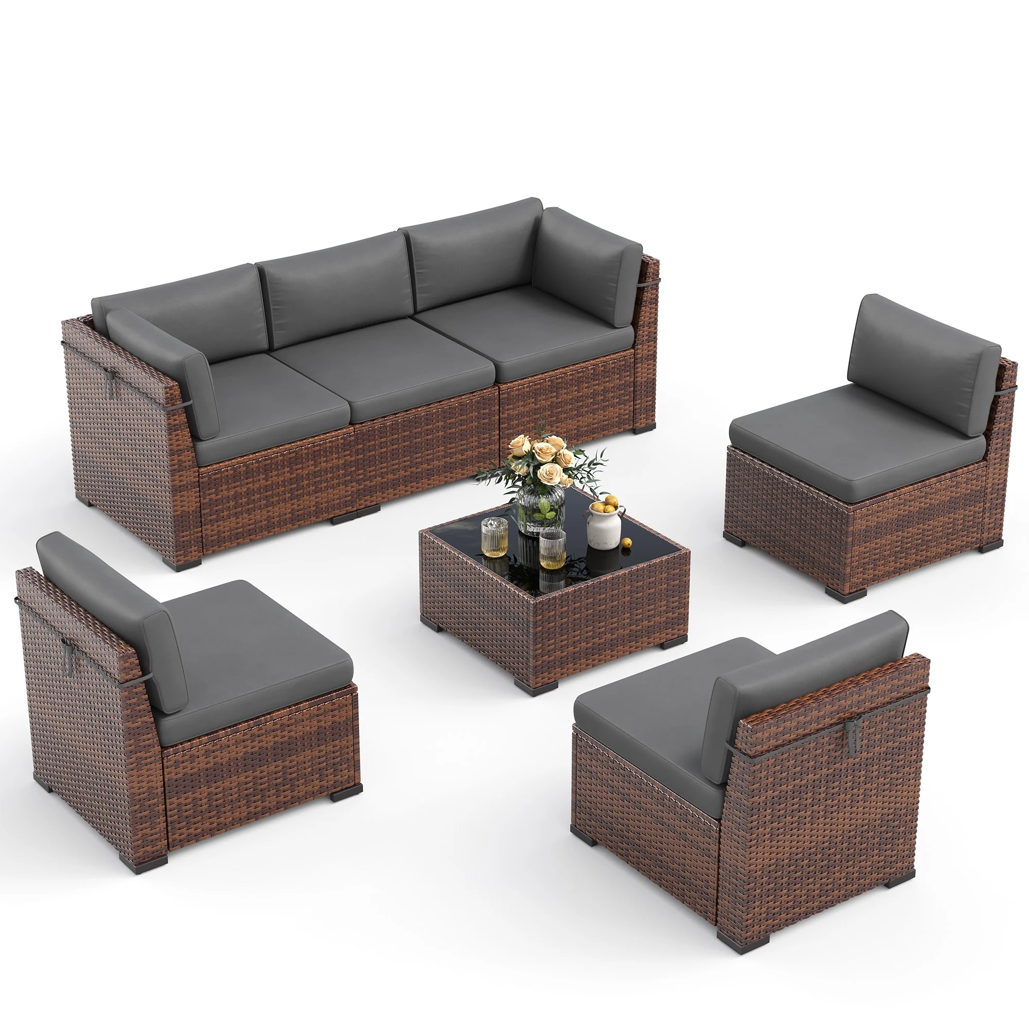 Poteban 7 Pieces Outdoor Sectional Sofa Set , PE Wicker Rattan Slanted Back Outdoor Conversation with Cushions and Glass Coffee Table for Backyard Garden, Dark Gray
