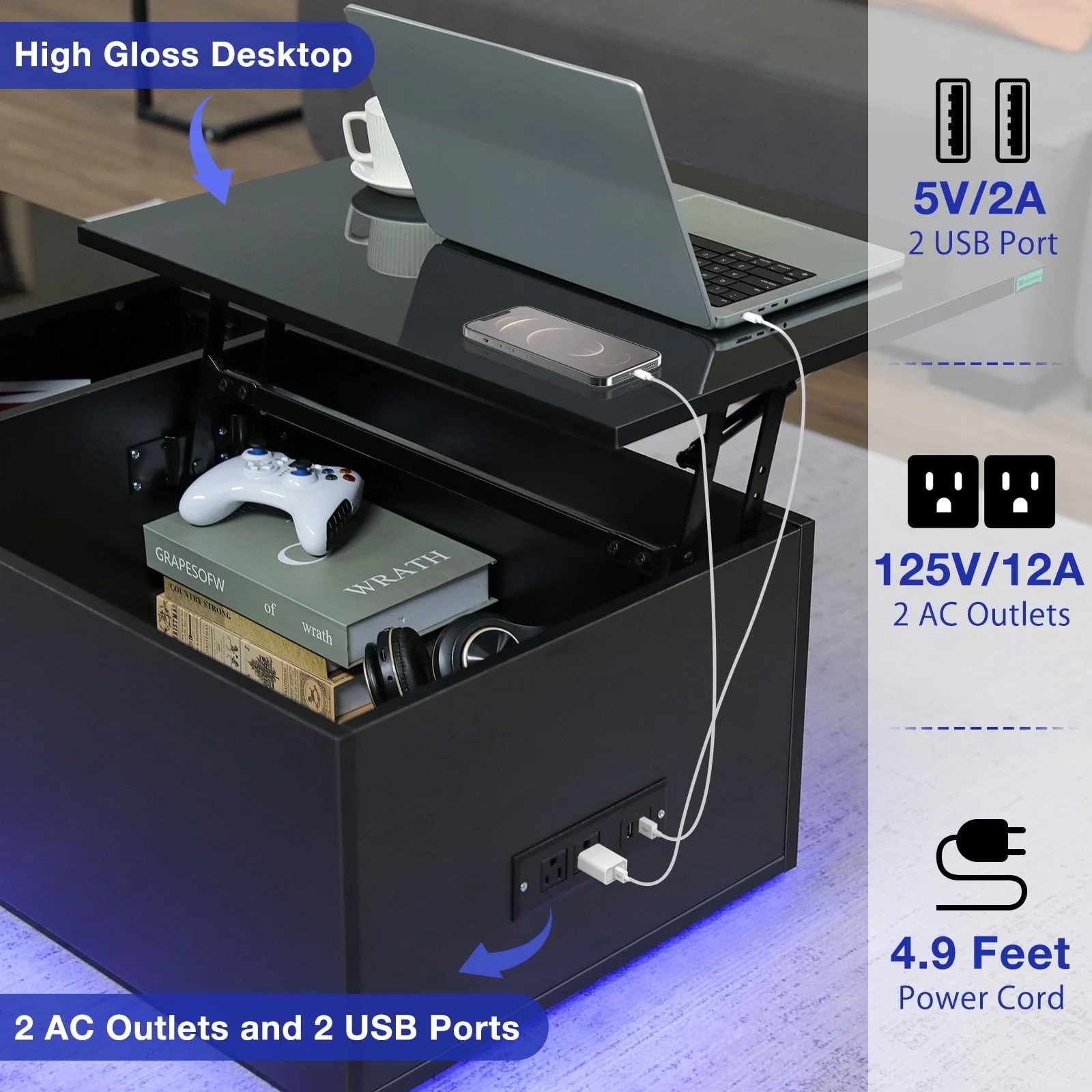 Hommpa LED Lift Top Coffee Table with Charging Station High Gloss Rectangle Center Tea Desk Black Hidden Storage Rising Dining Cocktail Tables Living Room