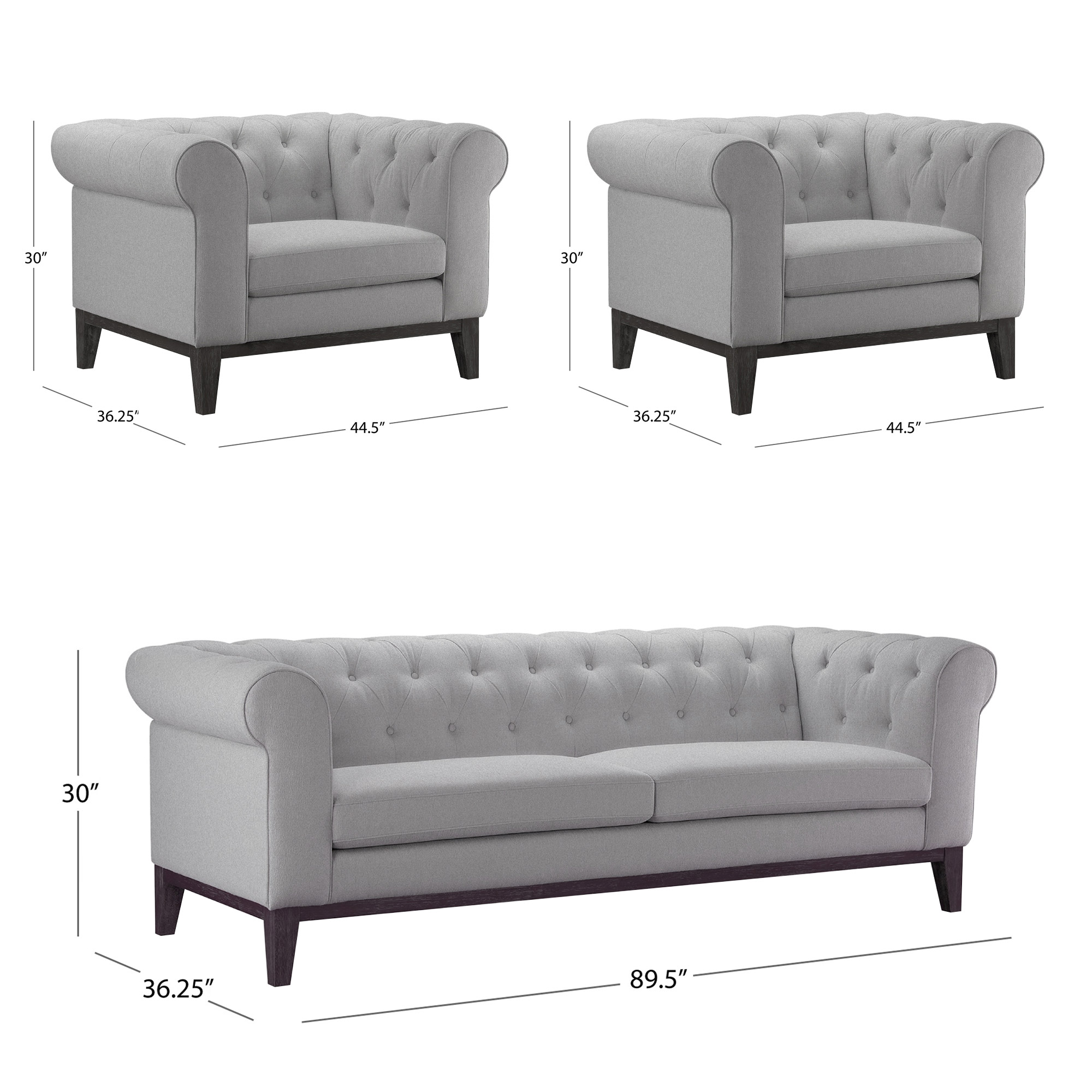 Gwen Fabric Chesterfield 3-piece Set, Sofa and 2 Chairs