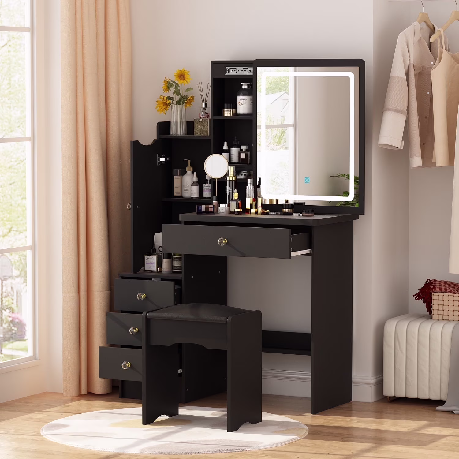 OXYLIFE Makeup Vanity Desk Table with Sliding LED Lighted Mirror, Cushion Stool, 4 Drawers and Shelves, White+Gray