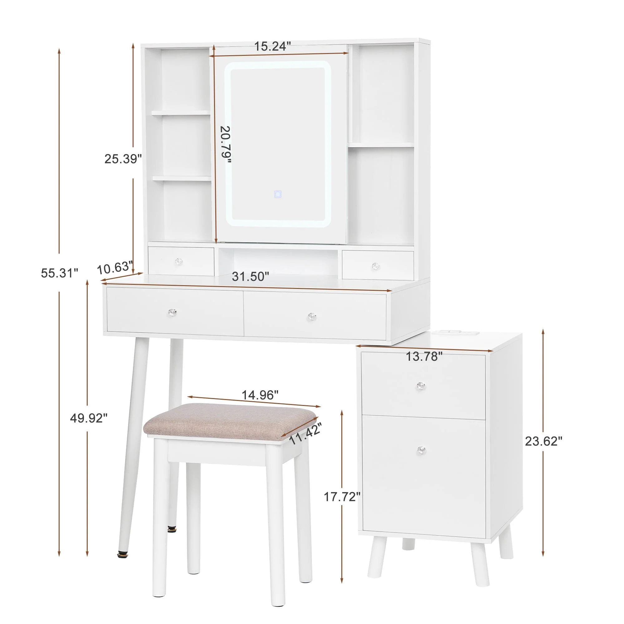 BEWISHOME Vanity Desk, White Vanity with Charging Station & Nightstand, Makeup Desk Makeup Vanity with Lights with 3 Colors Modes, Makeup Table Vanity Table with Sliding Mirror Dressing Table FST19W