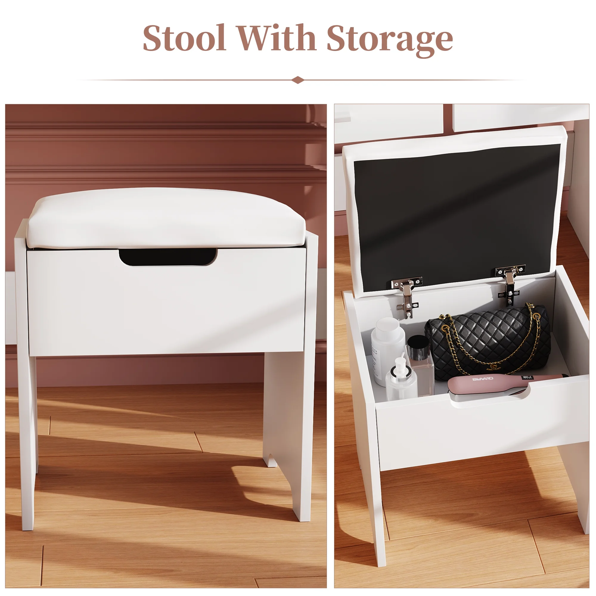 Modern Vanity Table Set with Lighted Mirror,Makeup Table with 2 Drawers & Power Strip,Dresser Desk for Girls, Women, White