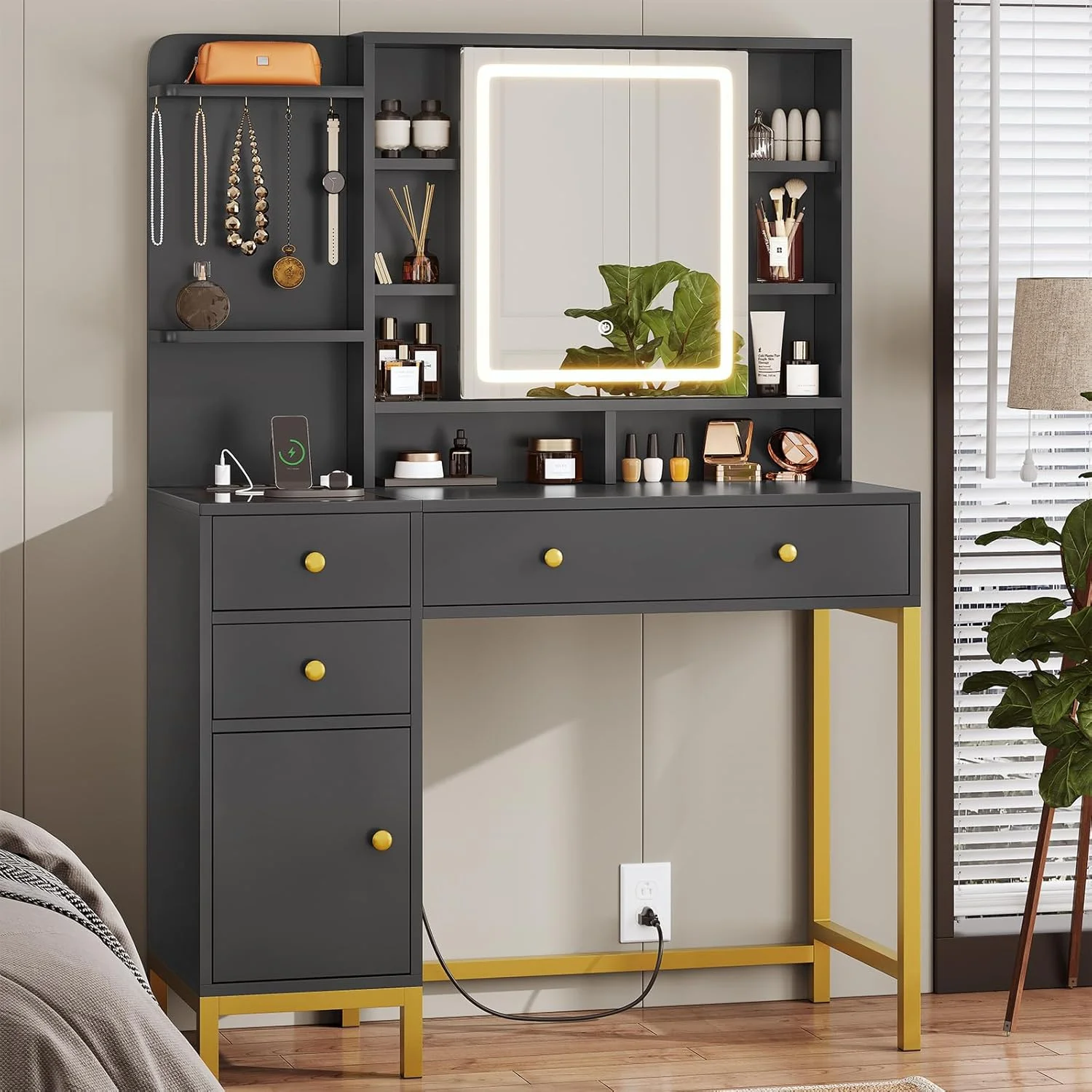 AOGLLATI Makeup Vanity with Lights in 3 Colors, White Vanity Desk with Mirror and Lights, Vanity Table with Charging Station, Makeup Desk with Visible Drawers, Hidden and Open Storage Shelves