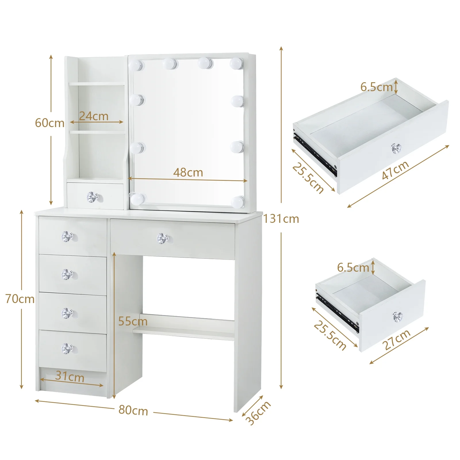 Jarbalai 10-LED Vanity Table with Sliding Mirror, 6 Drawers & Stool, White Makeup Desk