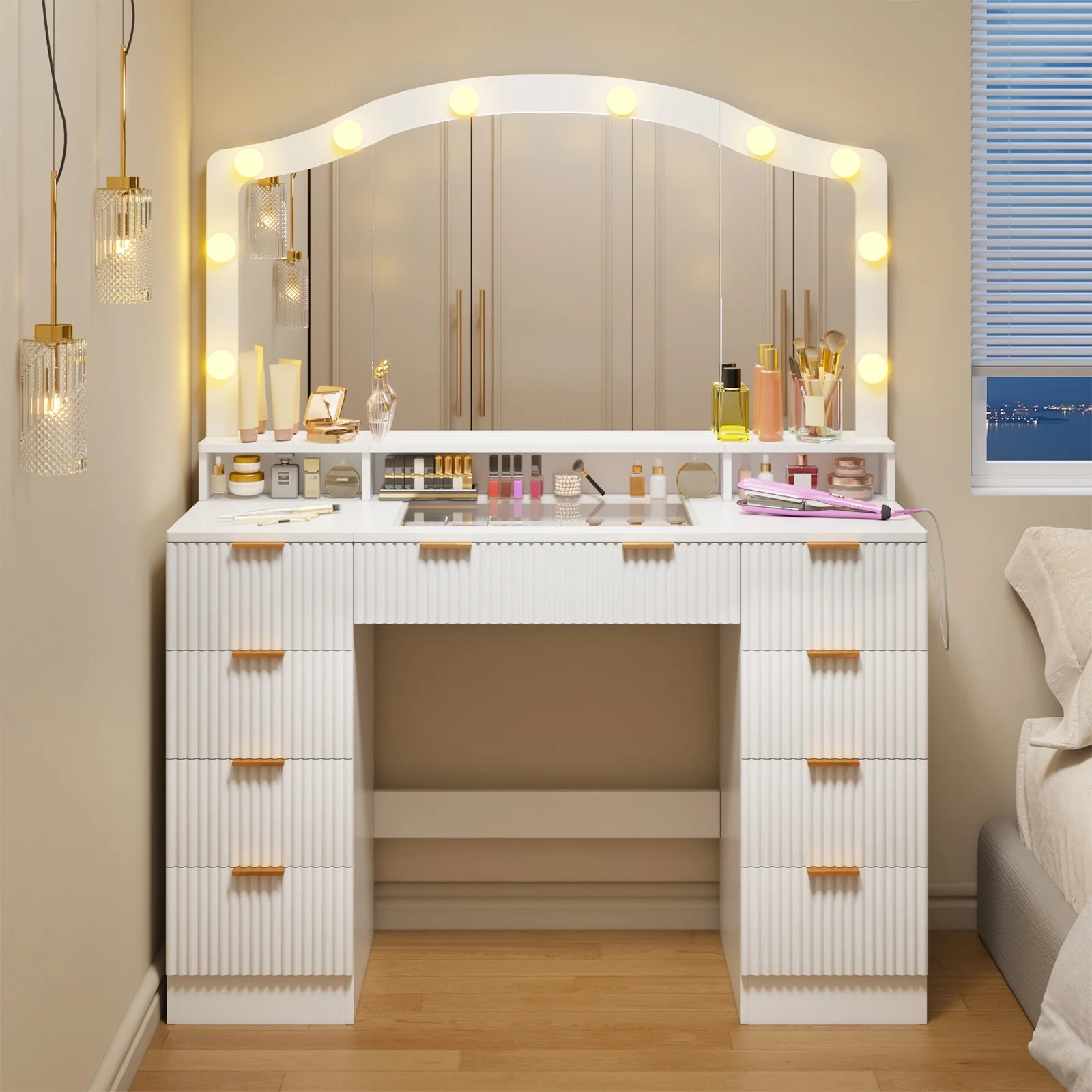 Tomnk White Vanity with Lights Mirrors, Makeup Vanity Desk with Drawers and Chair, Power Outlet