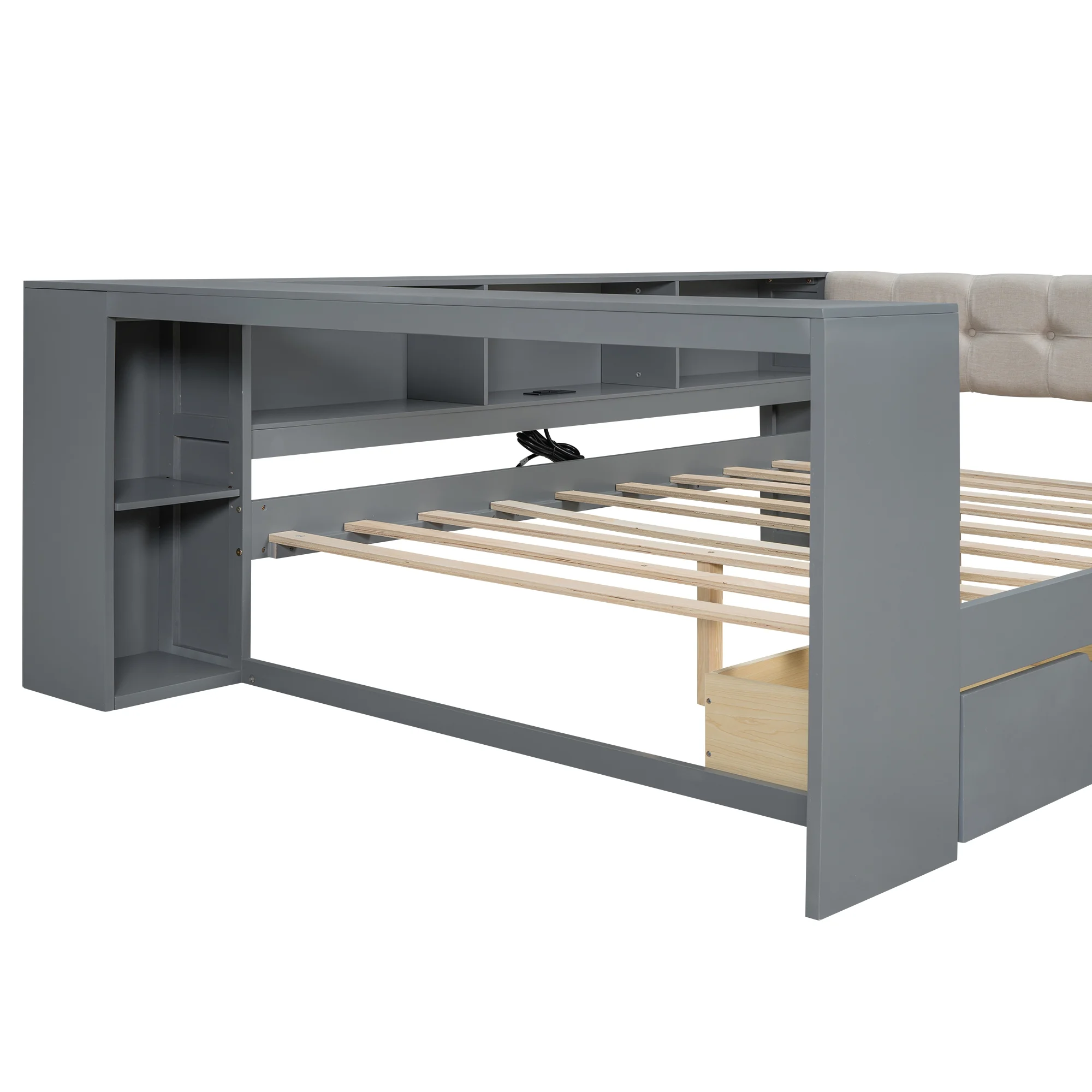 Euroco Wood Twin Size Platform Bed with Desk and Shelves, Drawers and USB Charging for Kids, Cream