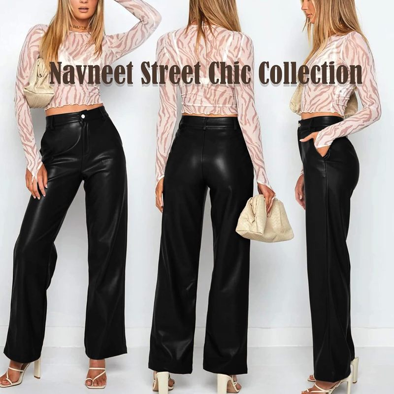 Women Faux Leather Pants PU High Waist Straight