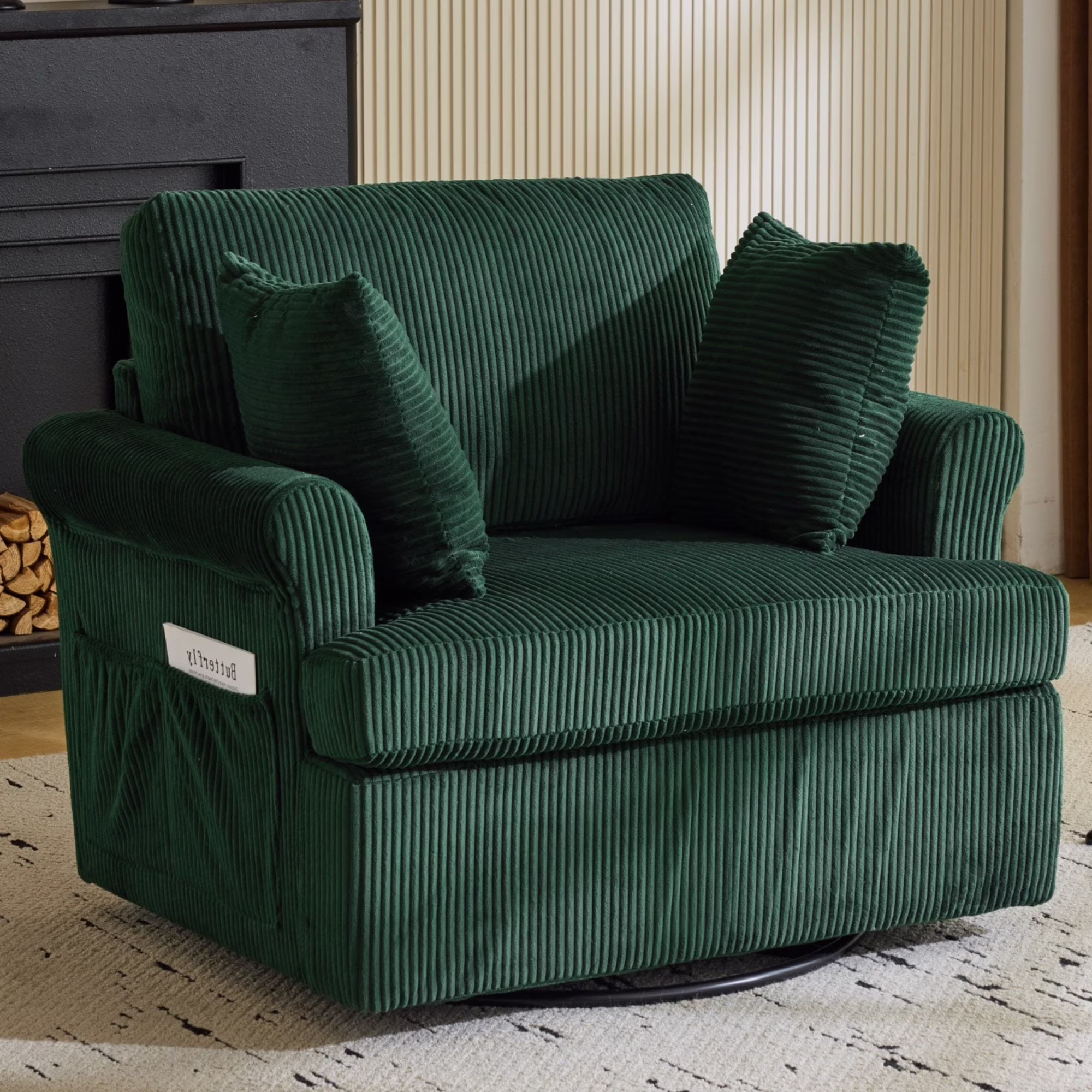 Ktaxon Swivel Accent Chair, 360-Degree Rotation Reading Chair, Corduroy Fabric Sofa with Armrest Pockets, Solid Metal Base, Perfect for Living Room Bedroom Black