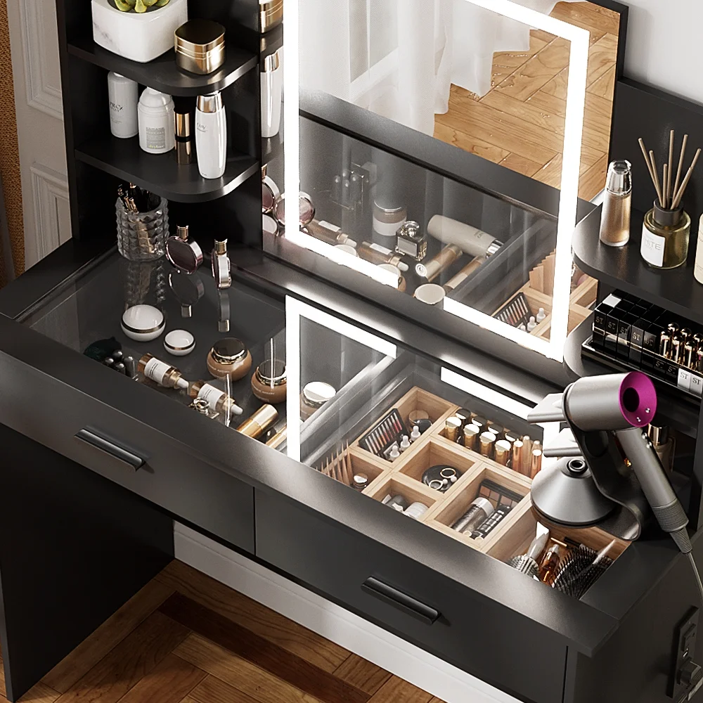 RichYa Modern Makeup Vanity Set with Lights Mirror and Drawers,White Makeup Desk,Dressing Table
