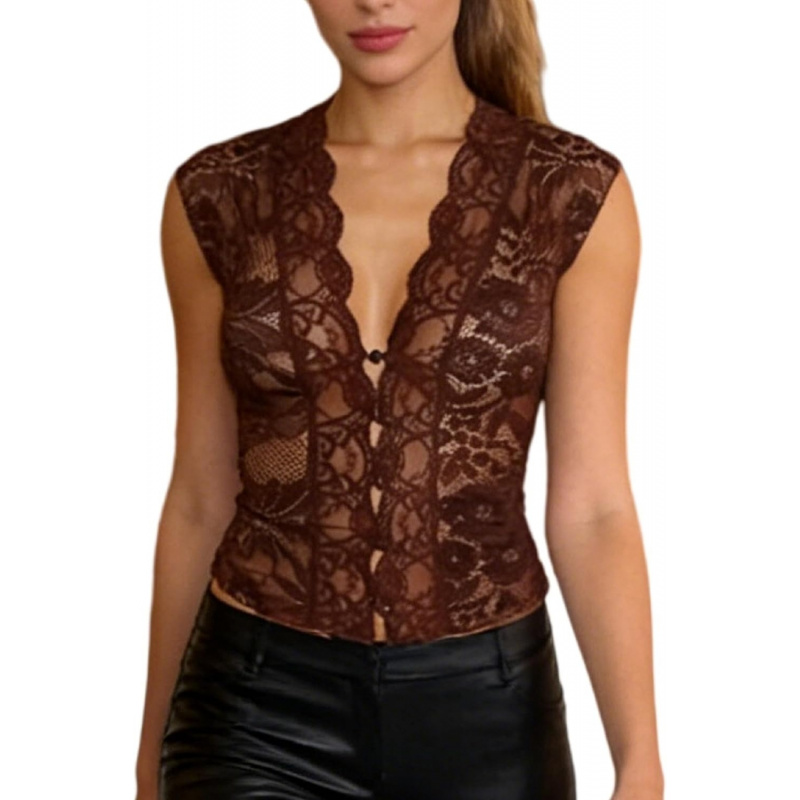 Sheer Lace Tank Top Mock Neck Frog Button Mandarin