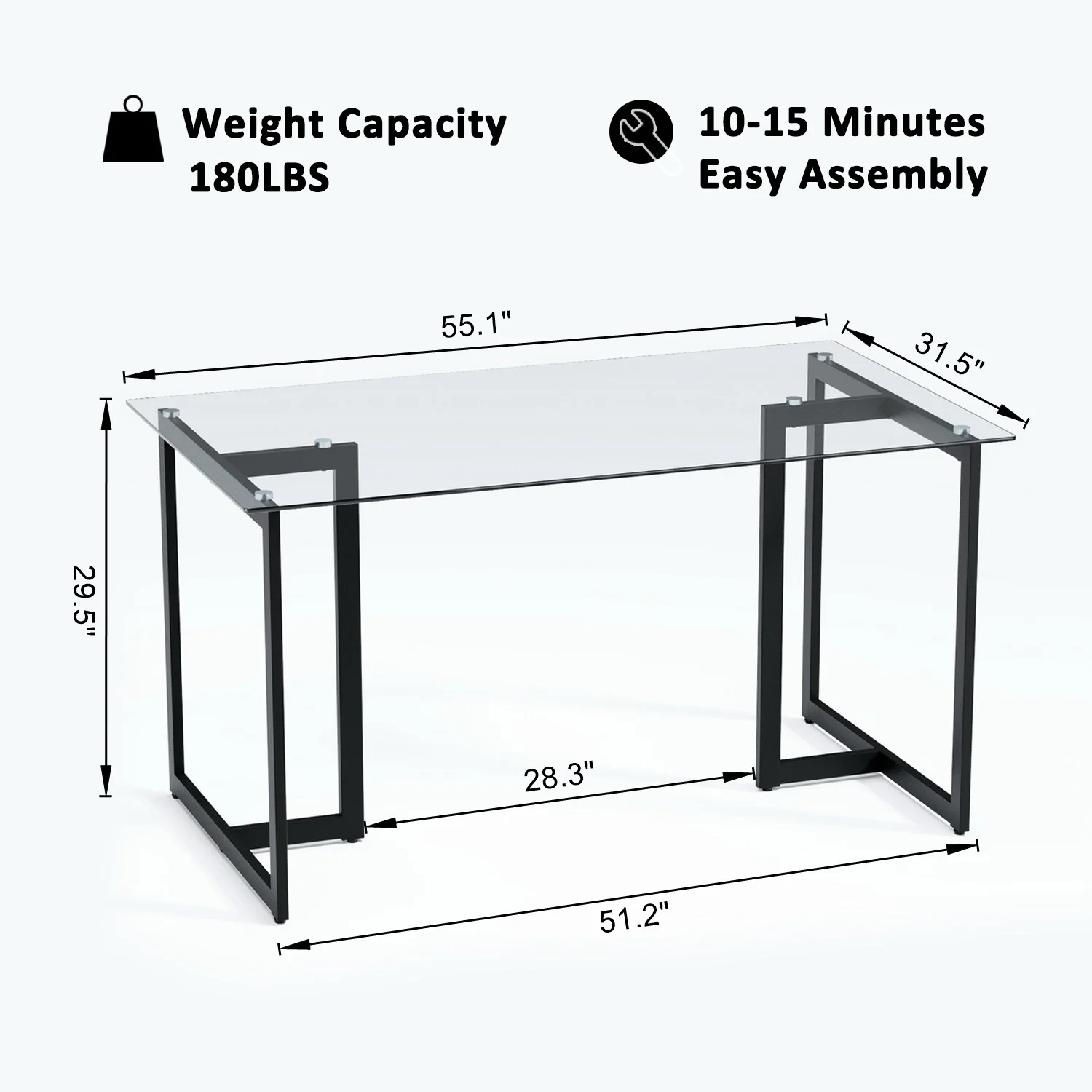 Homycasa Modern Glass Dining Table with Black Metal Legs