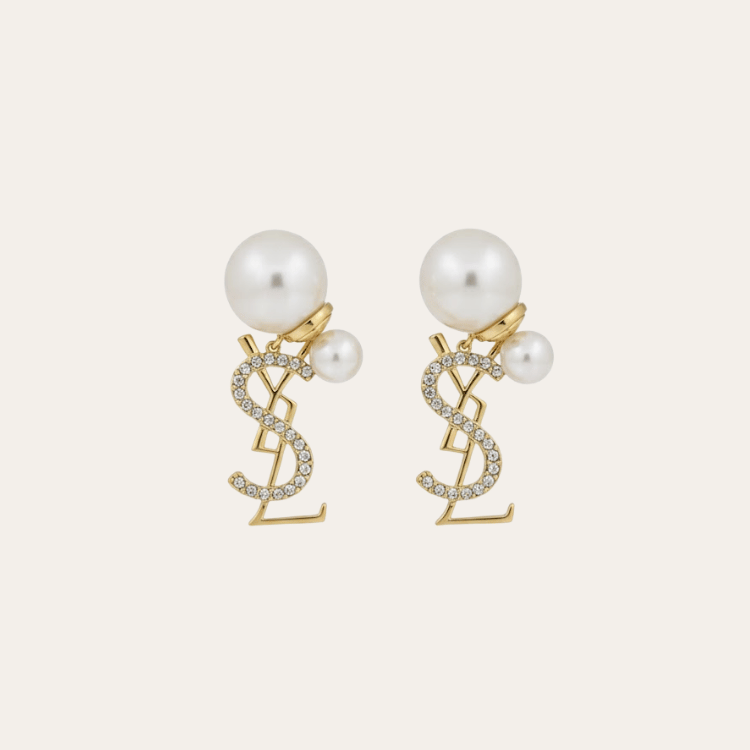 Yves Saint Laurent Cassandre Logo And Pearl Double Earrings Gold-Tone