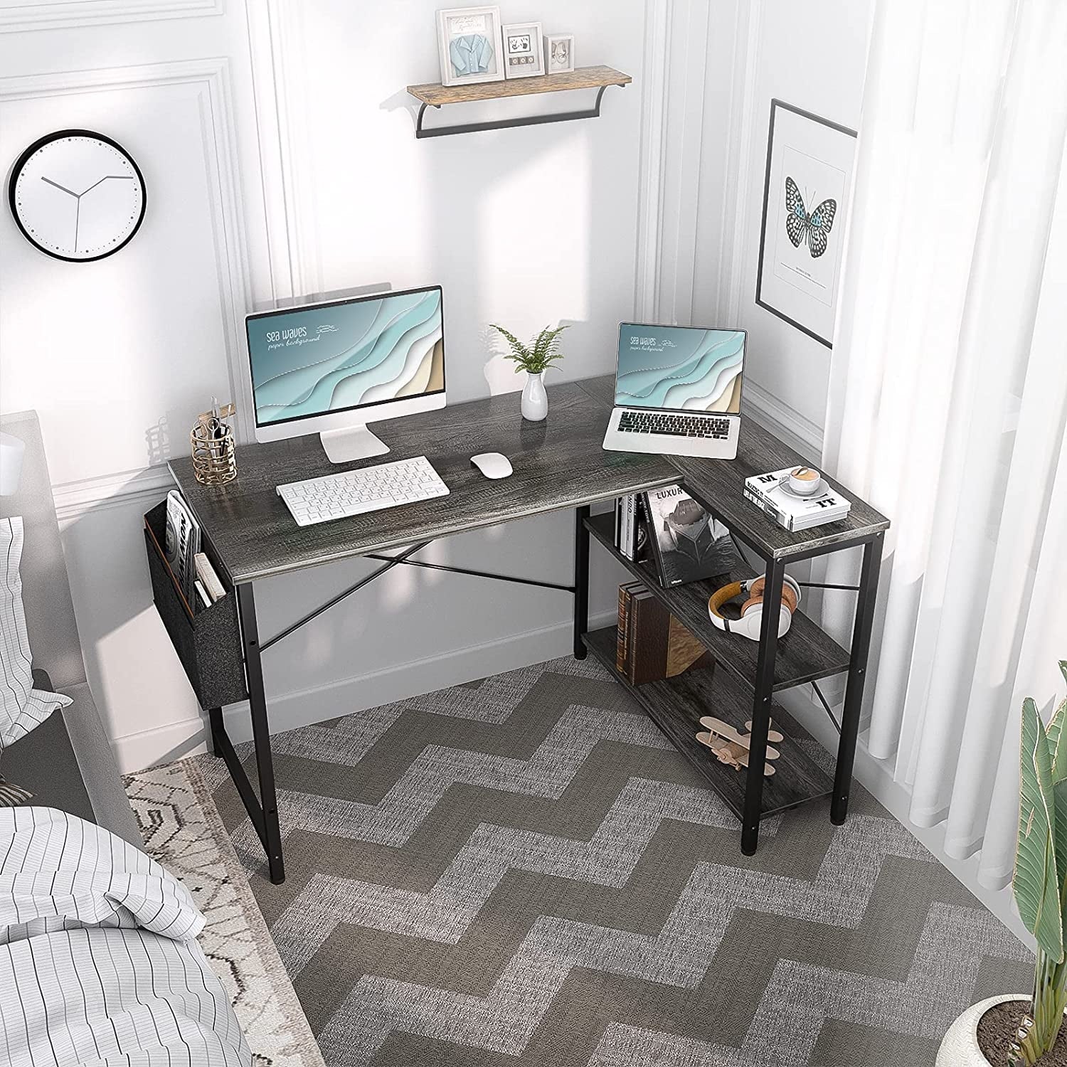 Homieasy L Shaped Desk, 47 Inch Reversible Computer Desk with Storage Shelves, Modern Corner Desk Gaming Desk Small Office Desk with Storage Bag for Home Office Workstation, Black Oak