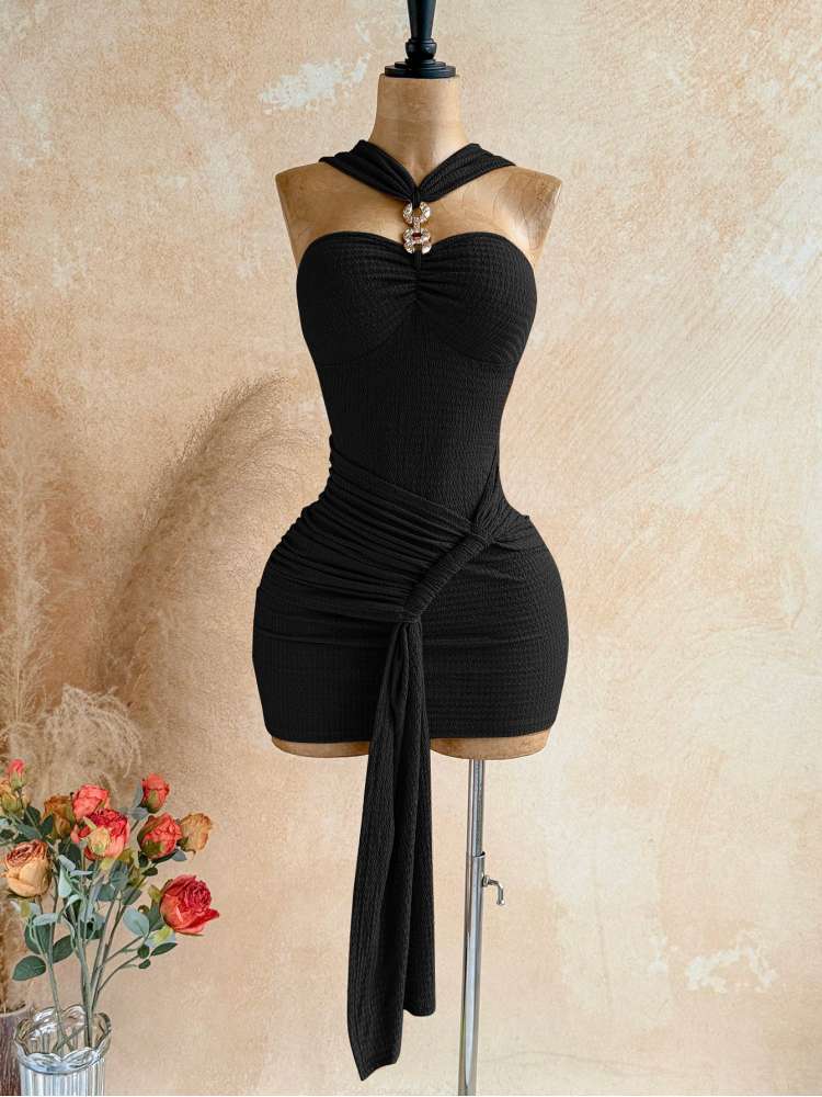Ruched Halter Backless Ribbons Mini Dress