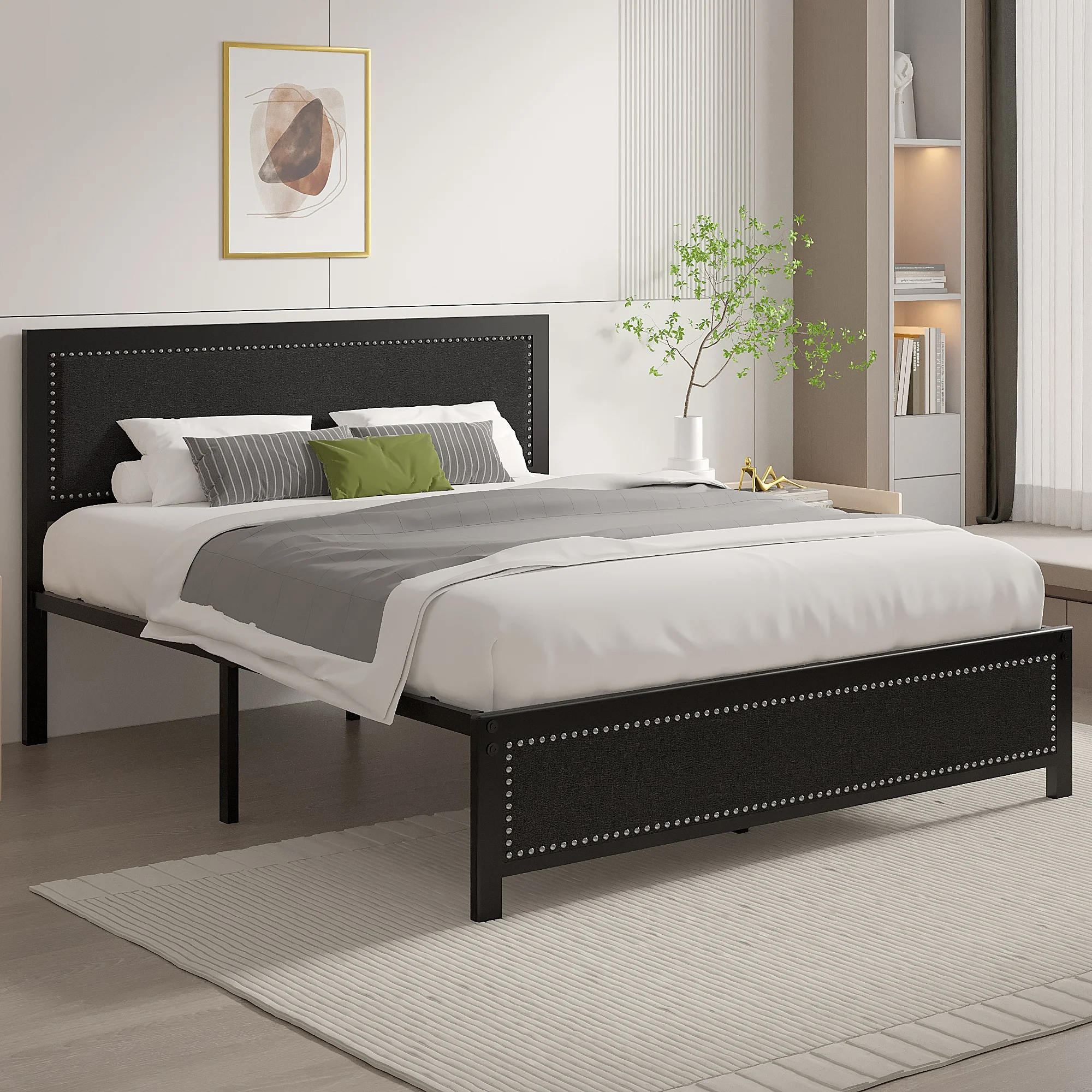VECELO Queen Size Bed Frame Metal Platform Bed with Upholstered Headboard, No Box Spring Needed, Black