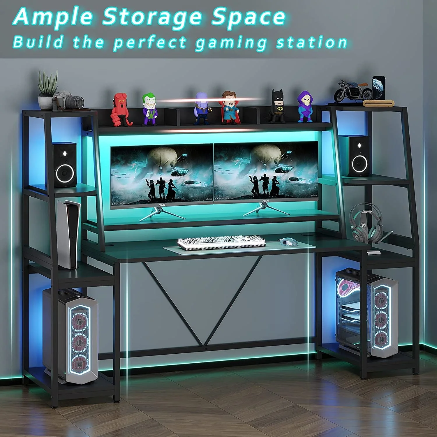 SEDETA 78.8'' Gaming Desk with Hutch and Storage Shelves,LED Lights Computer Desk Gamer Desk, Black