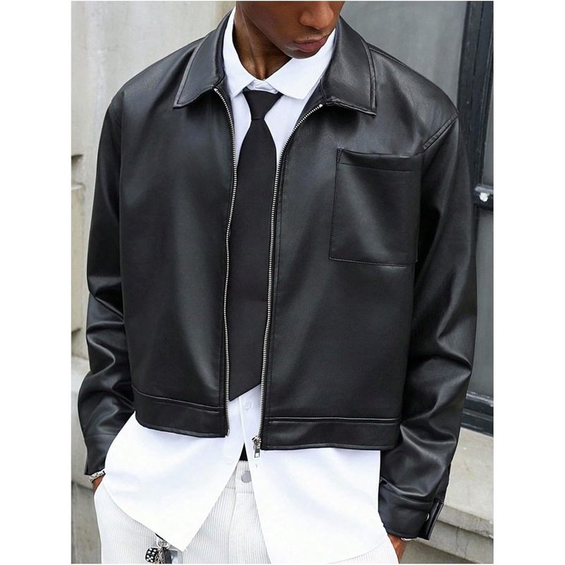Men's Faux Leather Jacket Long Sleeve Zip Up Collared