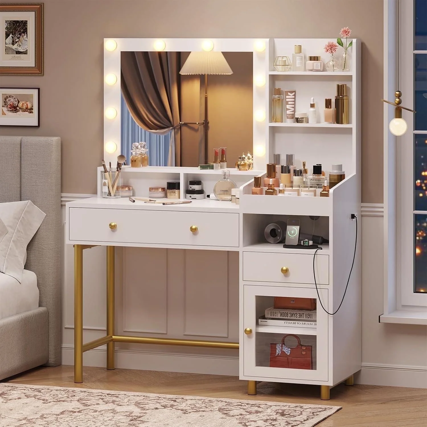 AOGLLATI Makeup Vanity Desk with Mirror & Lights in 3 Colors White Dressing Table with Charging Station & Unique Separation Design