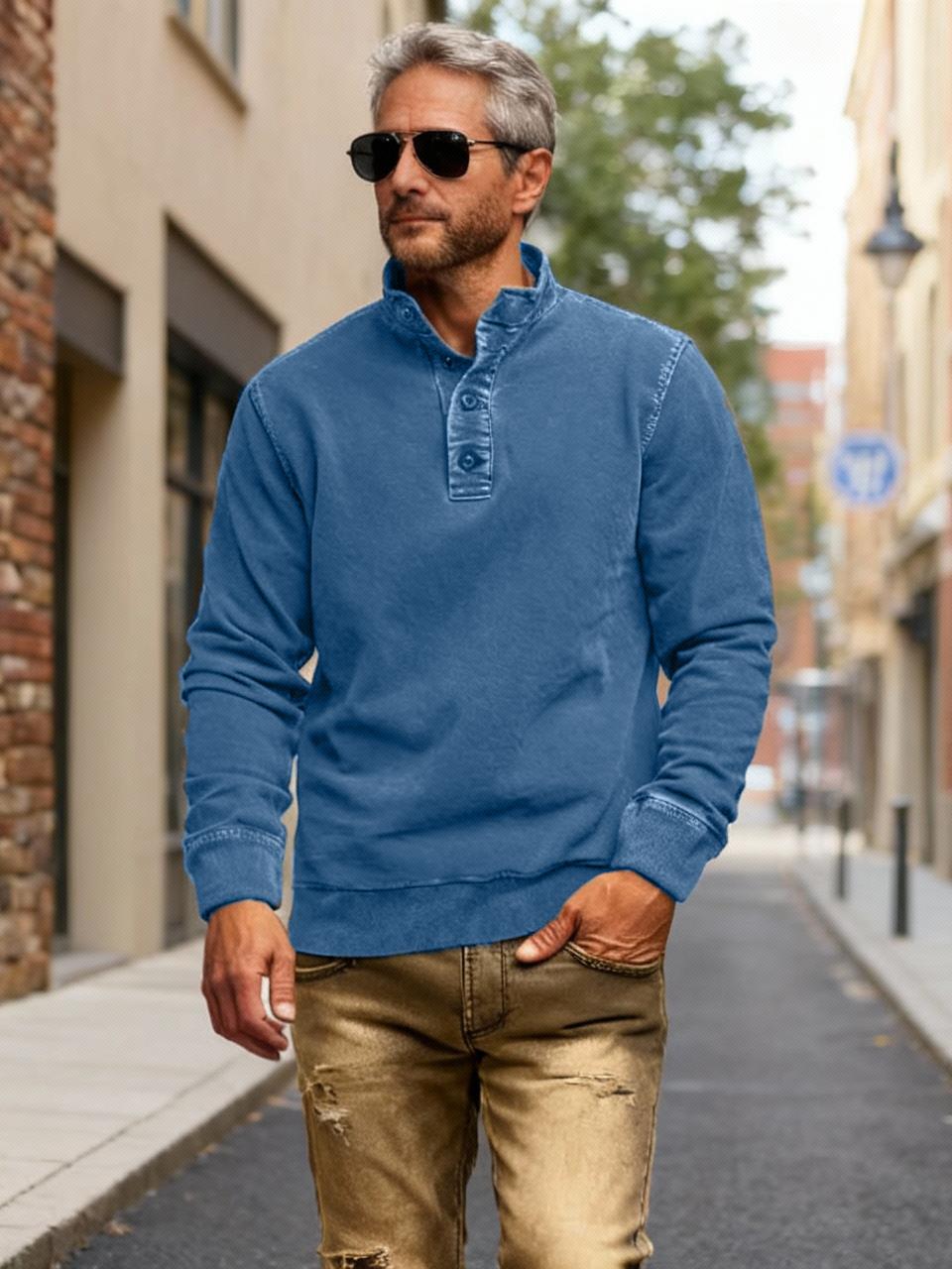 NEW🔥 Men's Retro Casual Stand Collar Button Solid Color Sweatshirt