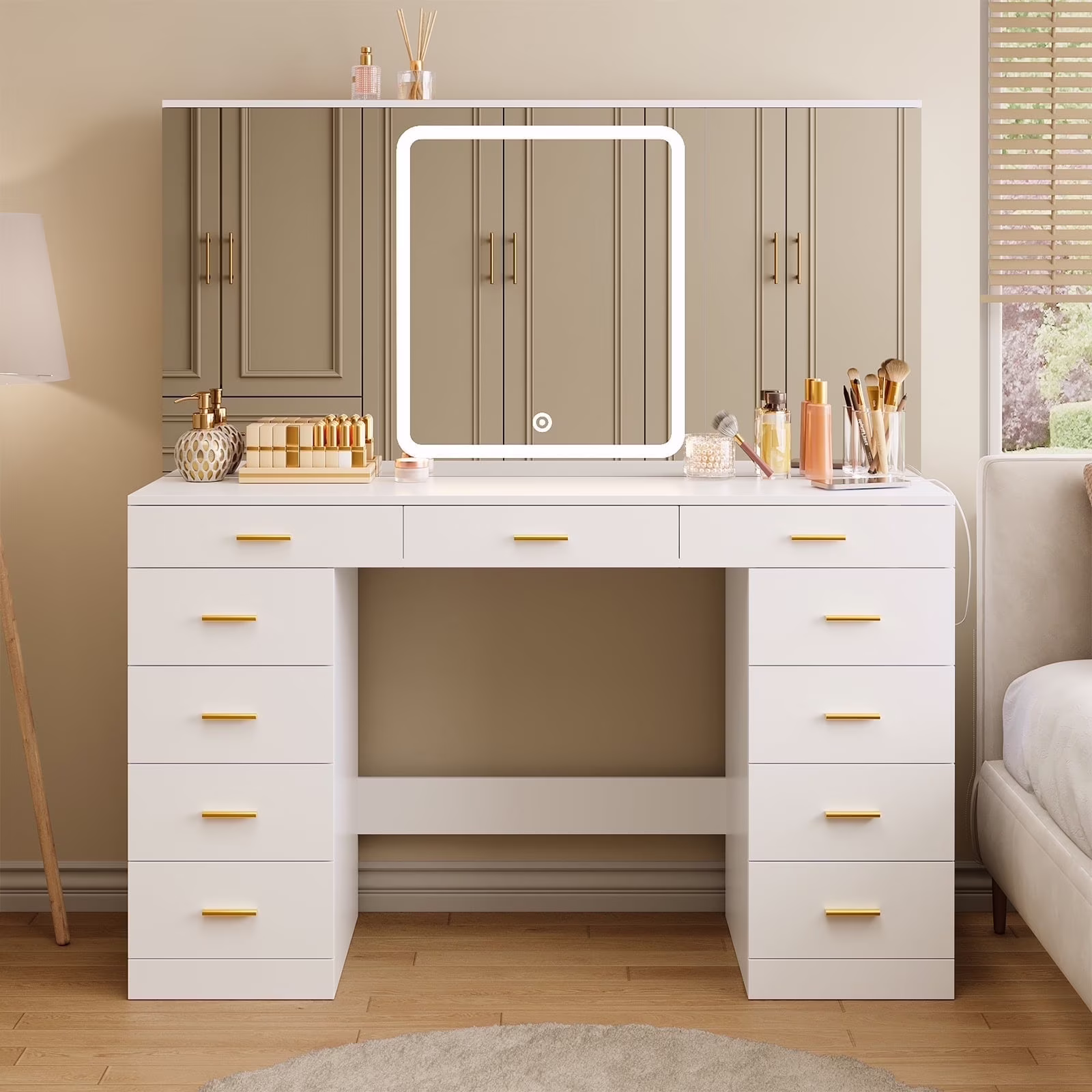 Tomnk woo White Makeup Vanity Desk with Large Mirror, Adjustable Lights, Storage Drawers & Power Outlets