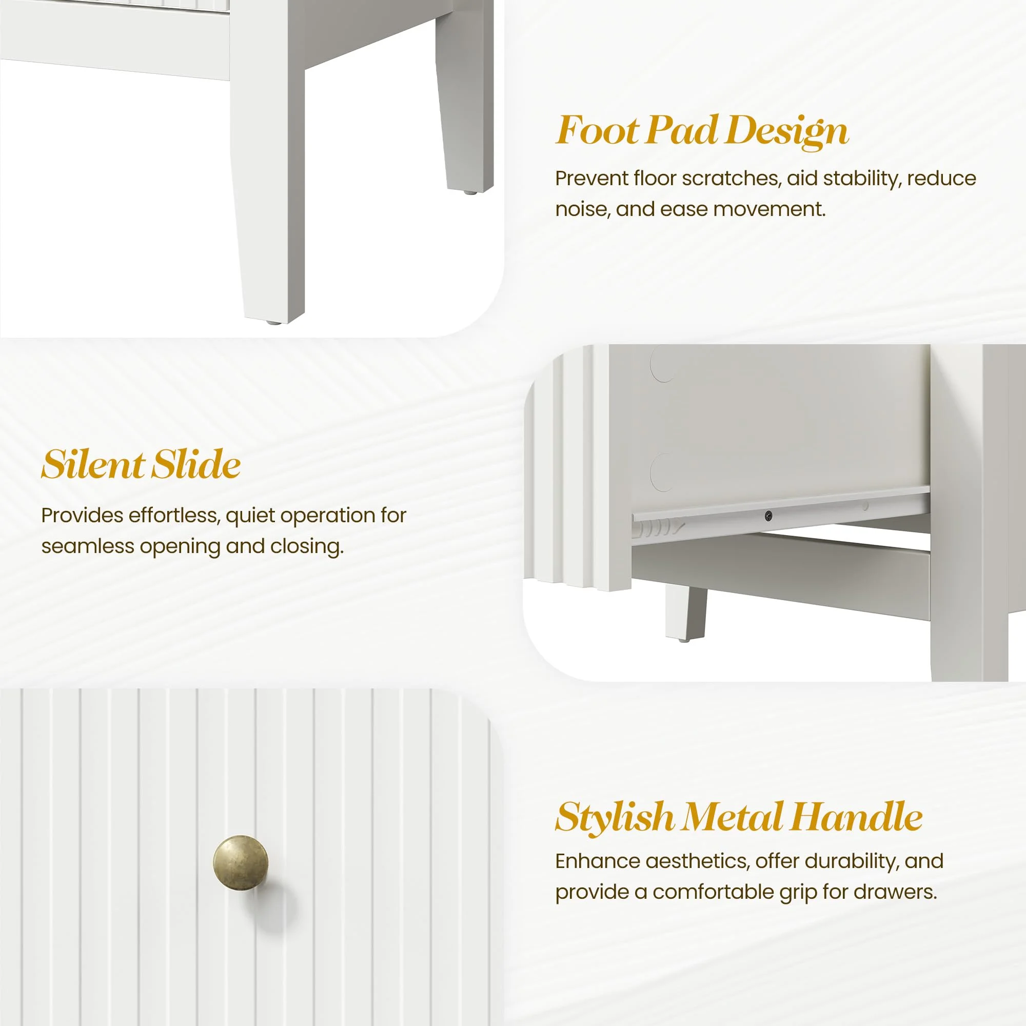 May Color Large White 3 Drawer Dresser Set of 2 with Fluted Panel, Modern Chest of Drawers with Silent Slide Drawers, Wood Accent Nightstand with Storage for Bedroom Living Room, Hallway