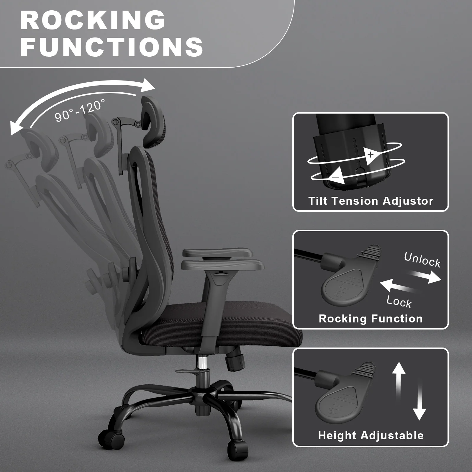 Ergonomic Mesh Office Chair with Adjustable Headrest, Lumbar Support, and 3D Armrests Highback Swivel Task Chair Home