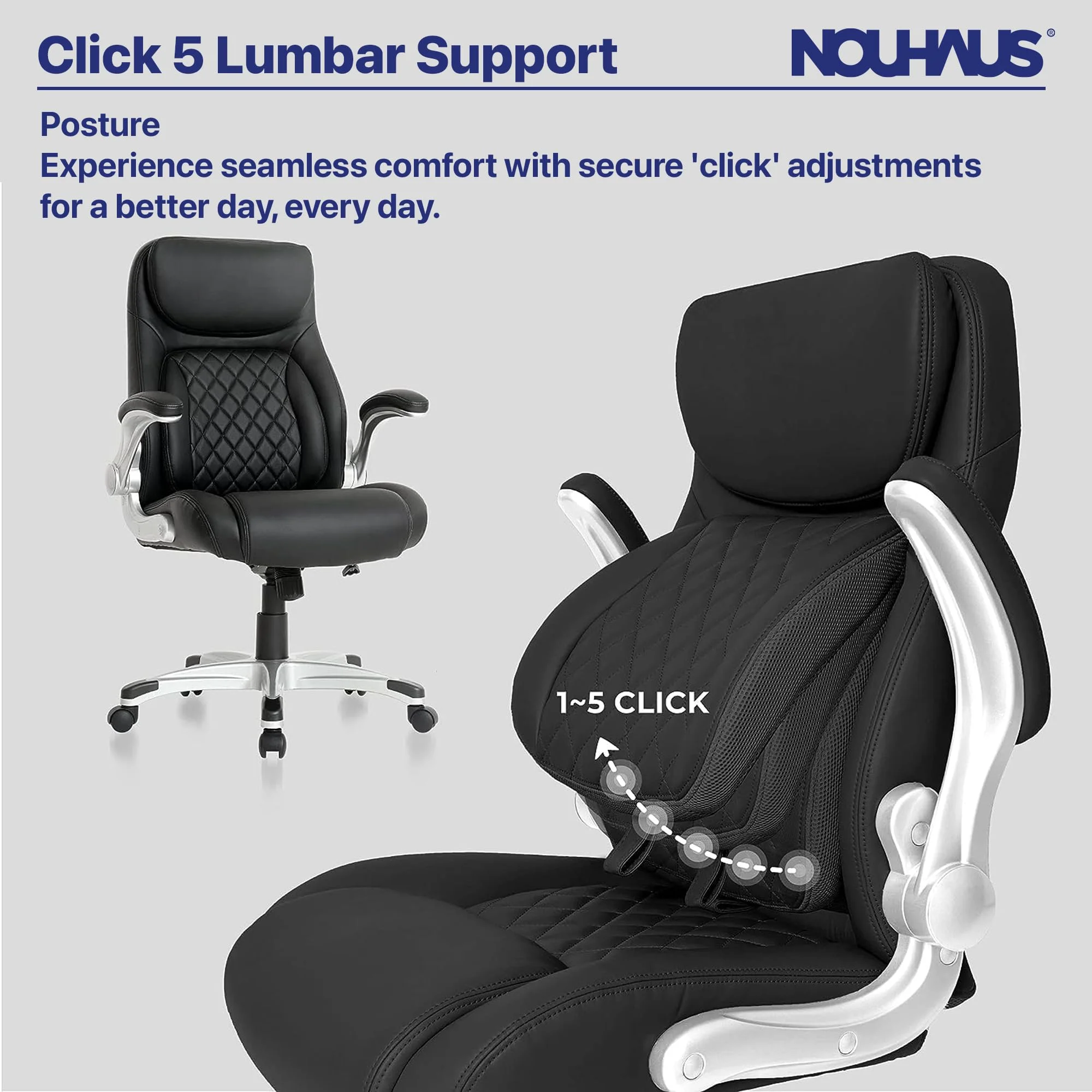 Nouhaus Posture Ergonomic PU Leather Office Chair. Click5 Lumbar Support with FlipAdjust Armrests. Modern Executive Chair and Computer Desk Chair