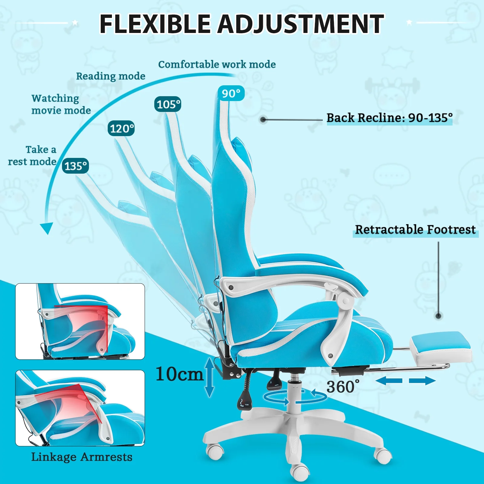 Hoffree Gaming Chair with Massage PU Leather Office Chair with Footrest and LED Light Ergonomic Gamer Chair Lumbar Support Adjustable Headrest High Back Computer Desk Chair for Home Office