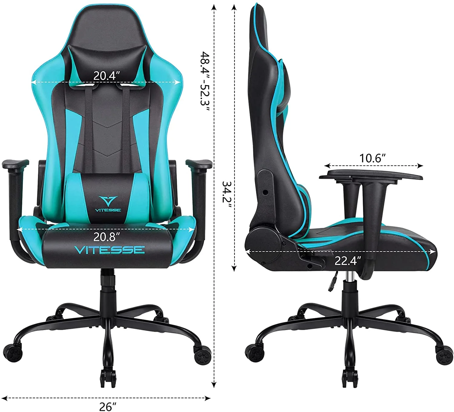 Vitesse Gaming Chair, Racing Style, Faux Leather, Adjustable Swivel, Lumbar Support, High Back, Teal