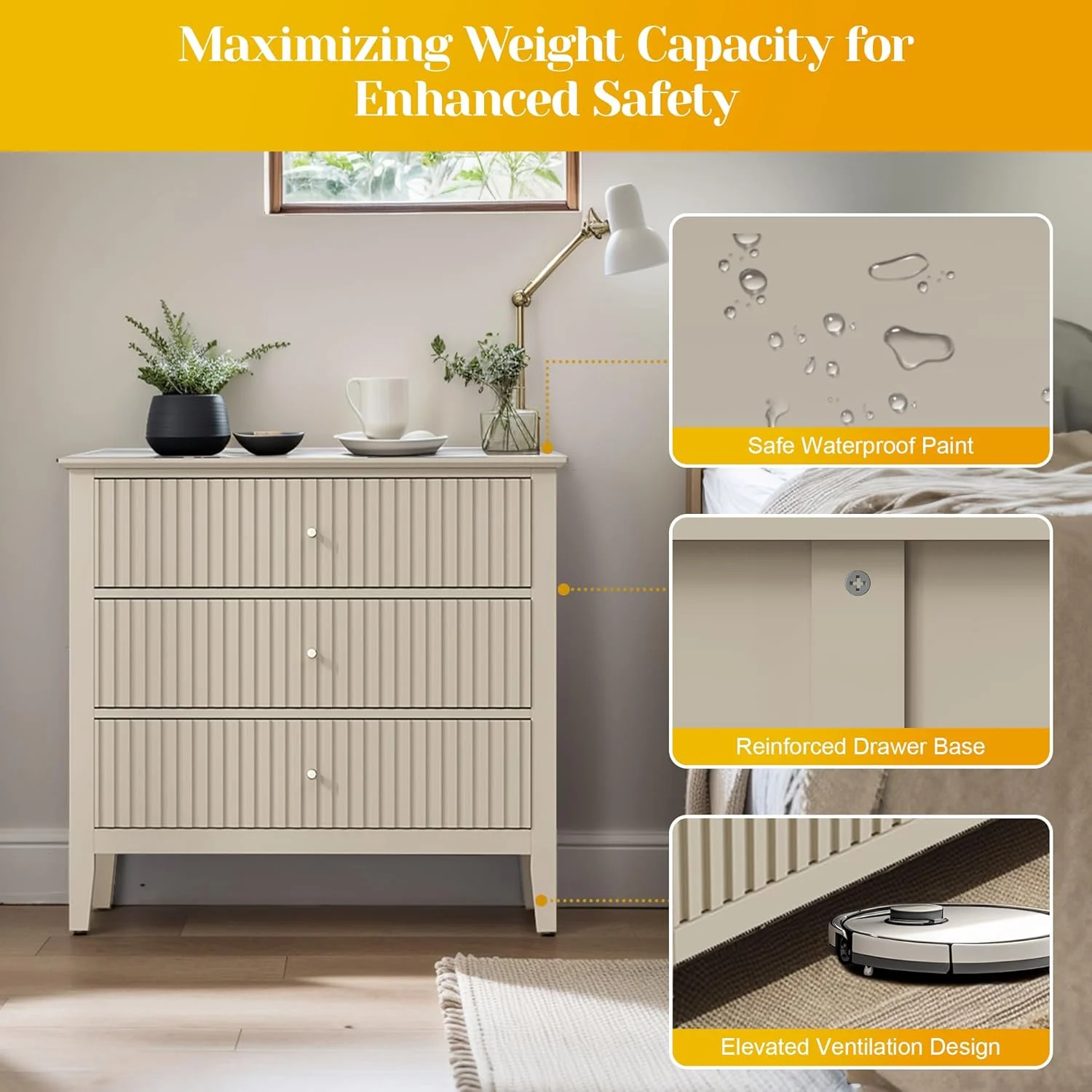 May Color Large White 3 Drawer Dresser Set of 2 with Fluted Panel, Modern Chest of Drawers with Silent Slide Drawers, Wood Accent Nightstand with Storage for Bedroom Living Room, Hallway