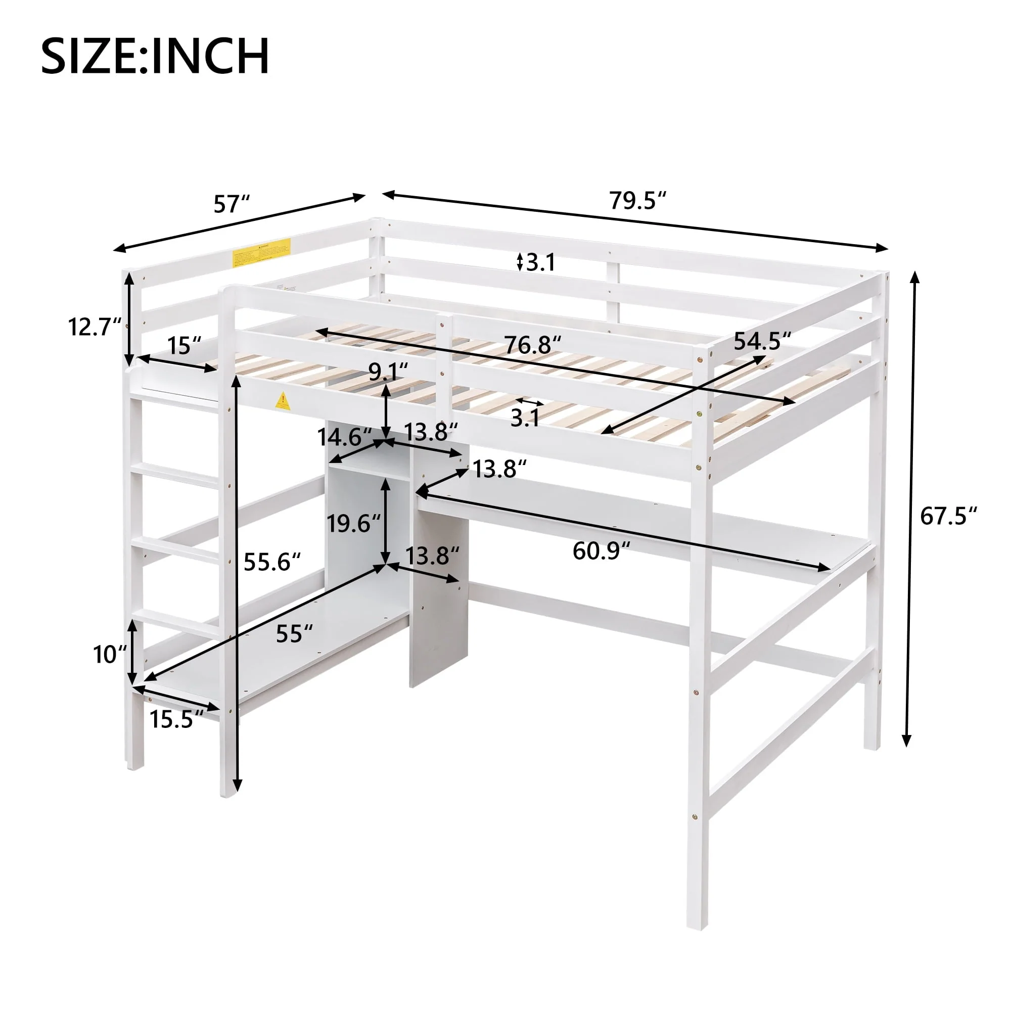 Euroco Full Size Loft Bed with Desk, Shelves and Bench for Kids Room, Solid Wood Bed with Relax Bench, White