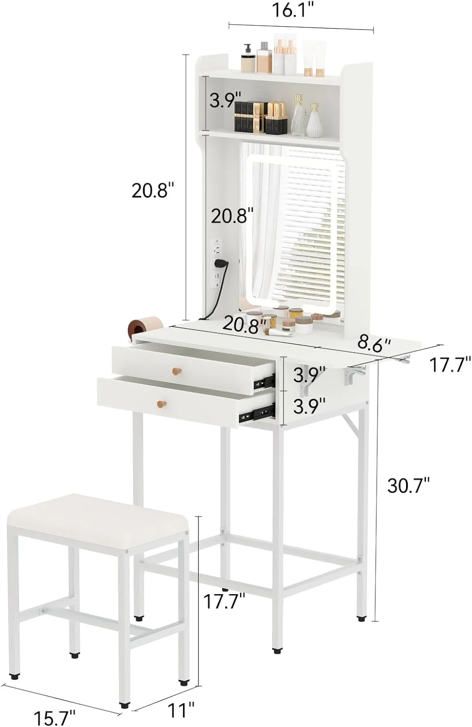 Small Makeup Vanity Desk with Mirror and Lights,Vanity Table Set with Storage Drawer,Hair Dryer Holder,Fold-Up Panel,Stool and Shelves,Compact Makeup Dressing Table for Bedroom Apartments