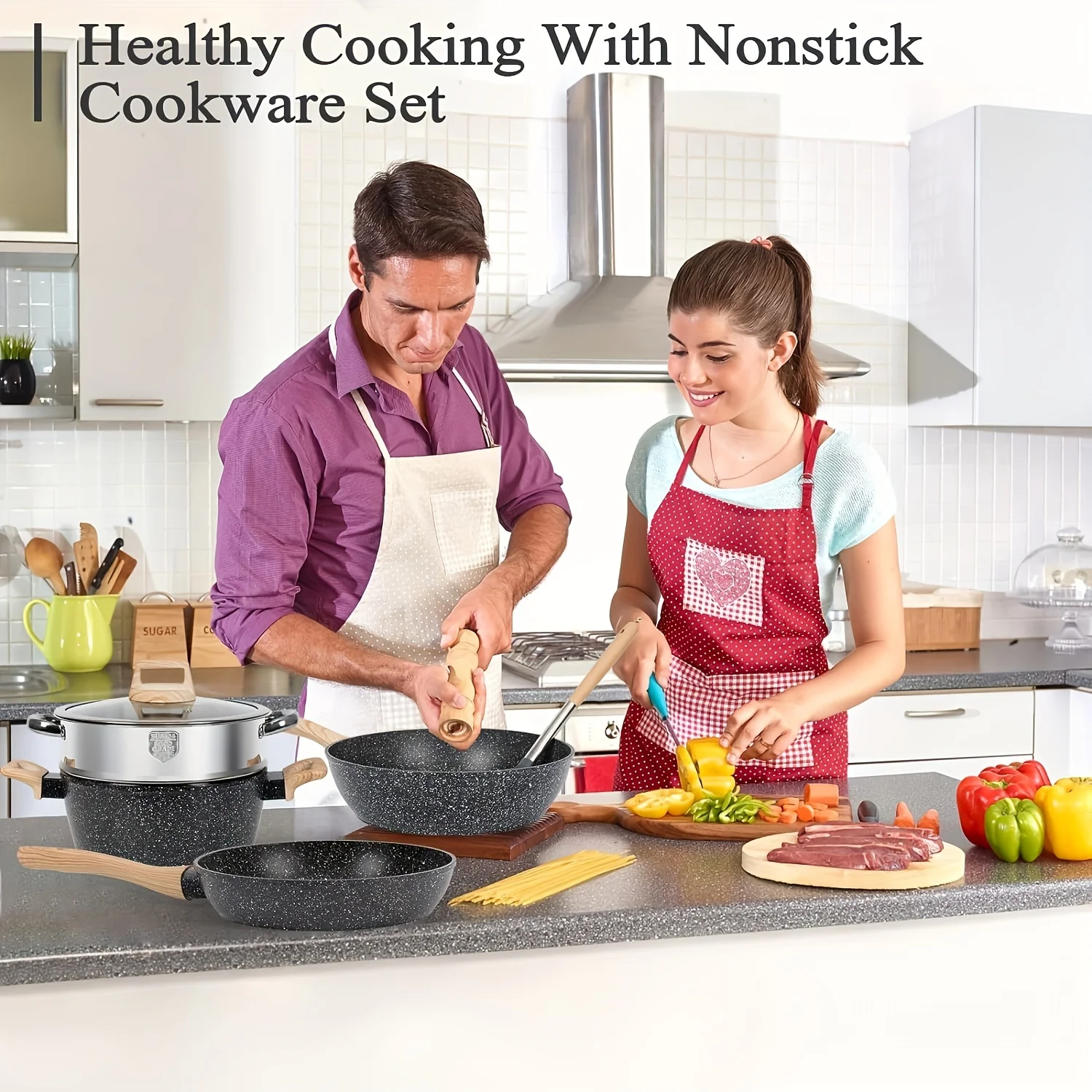Non-stick 12 POTS and pans Set, Cookware Set, including frying pan, pan, steamer, silicone spatula and tongs - Granite cooking Set (black)