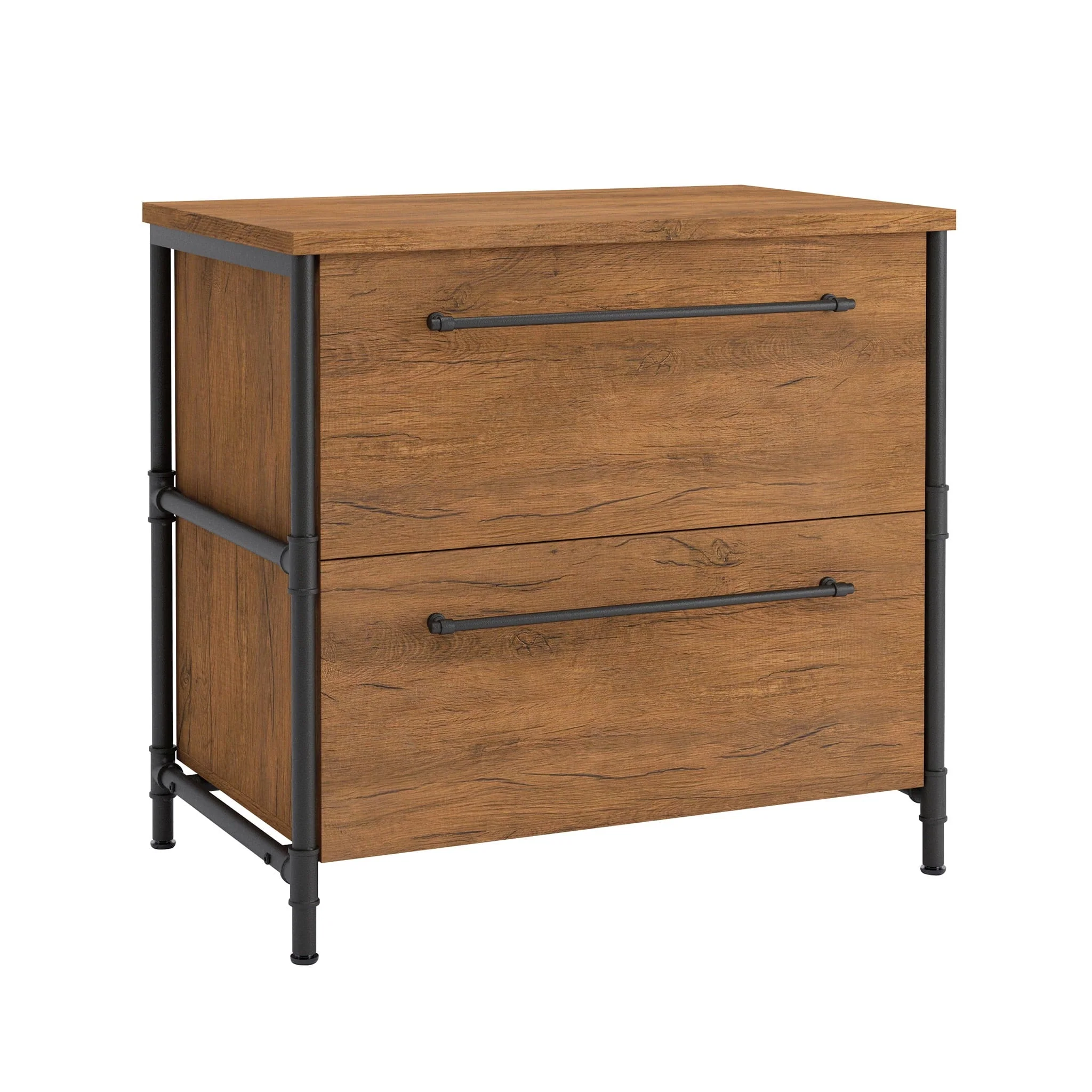 Sauder Iron City Industrial Interlocking 2 Drawer Lateral File Cabinet, Checked Oak Finish