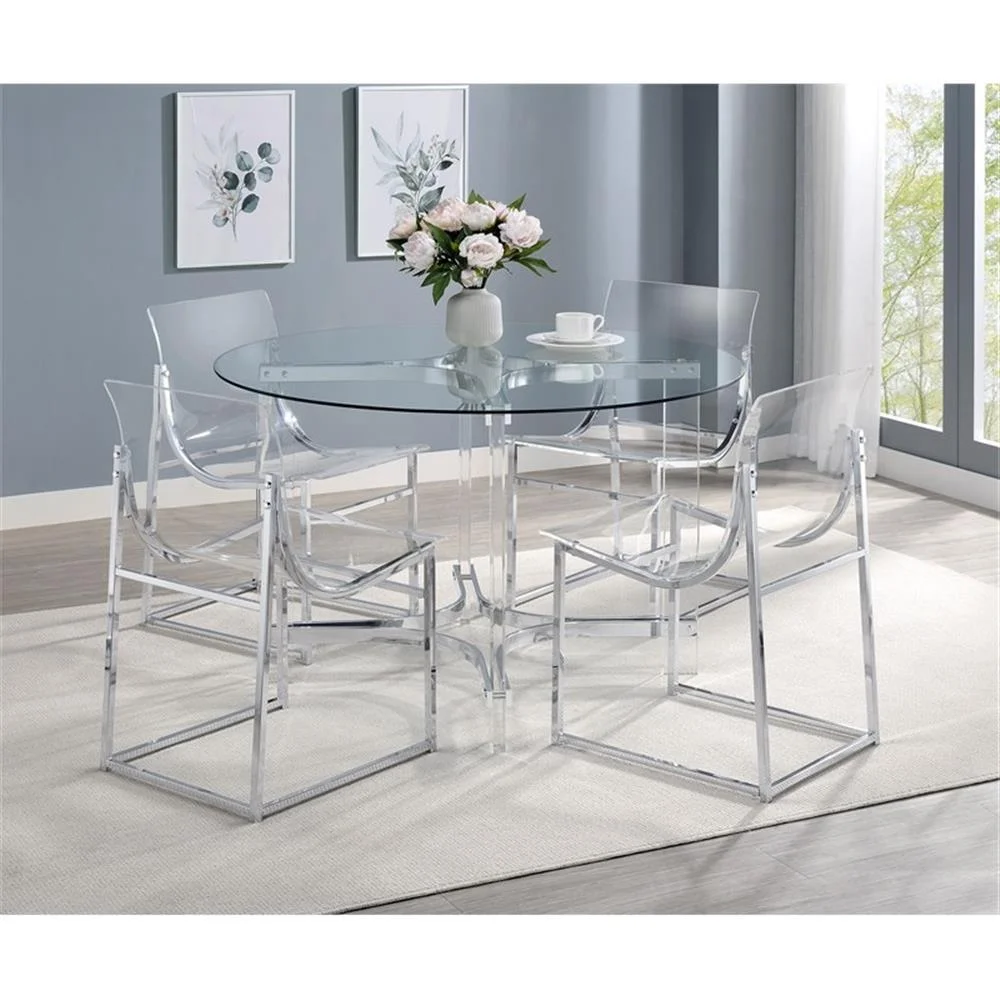 Pemberly Row 5-Piece Round Glass Top Acrylic Dining Set in Silver