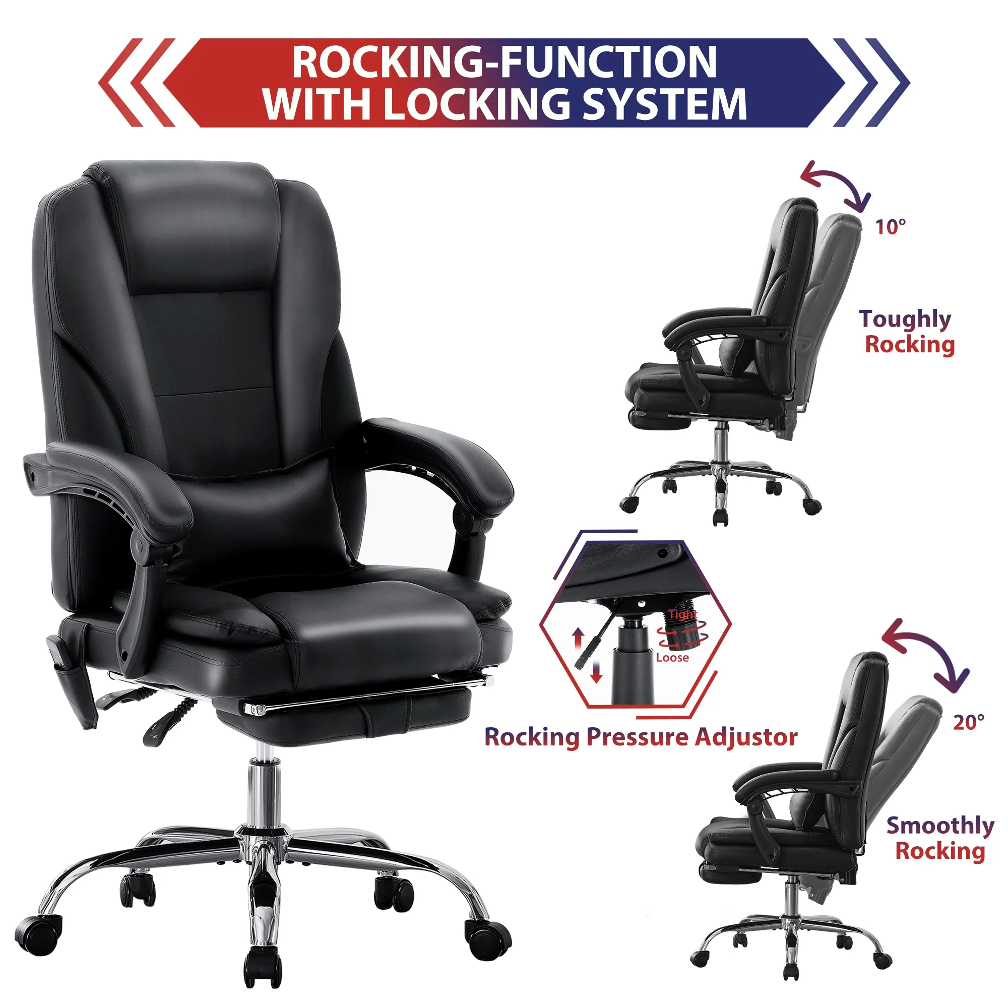 JONPONY Big and Tall Office Chair 500LBS Executive Office Chair Massage and Footrest Ergonomic Computer Desk Chair Reclining High Back Leather Office Chair Lumbar Back Support Swivel Rolling,Black