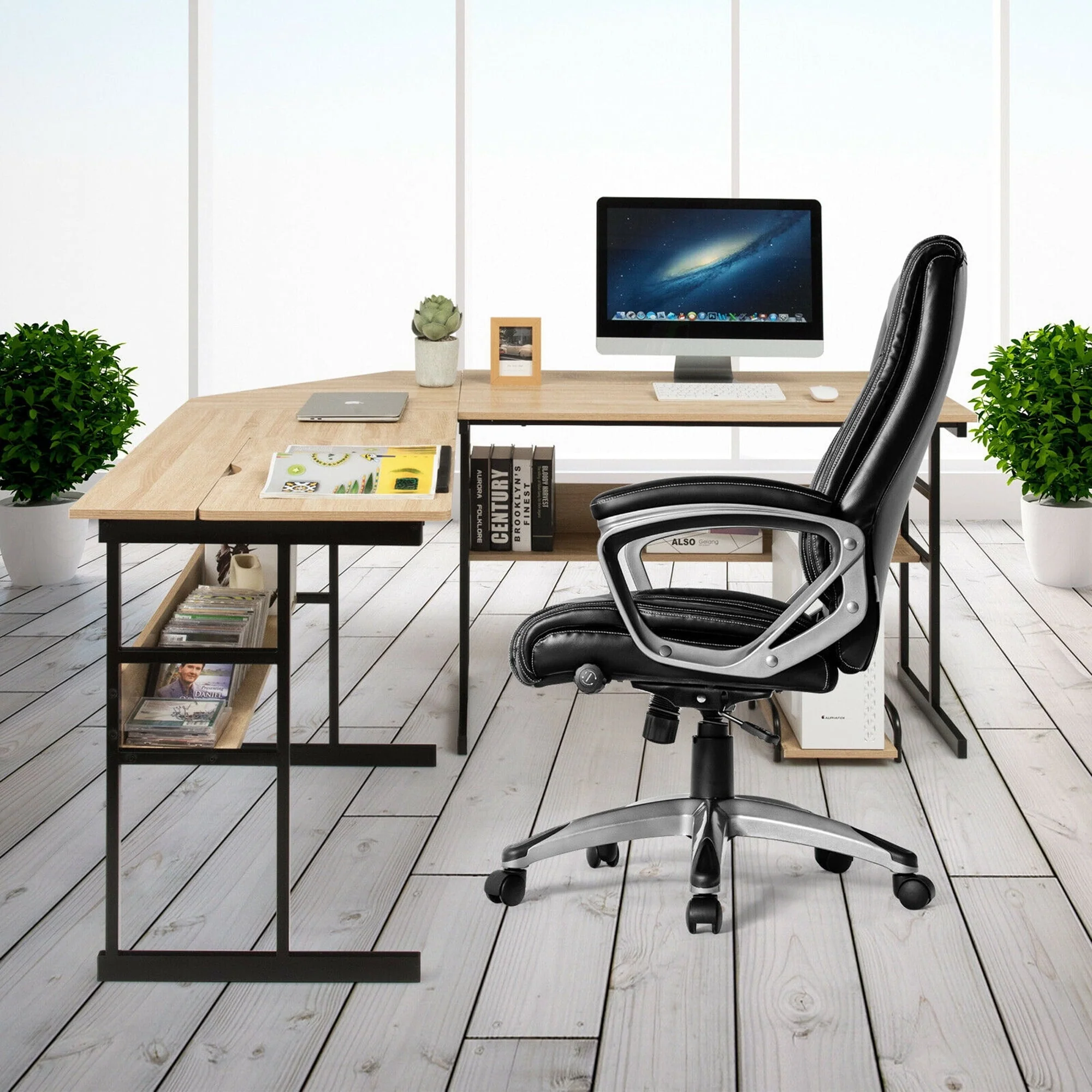 Gymax L-Shaped Computer Desk Drafting Table Workstation w/ Tiltable Tabletop Natural