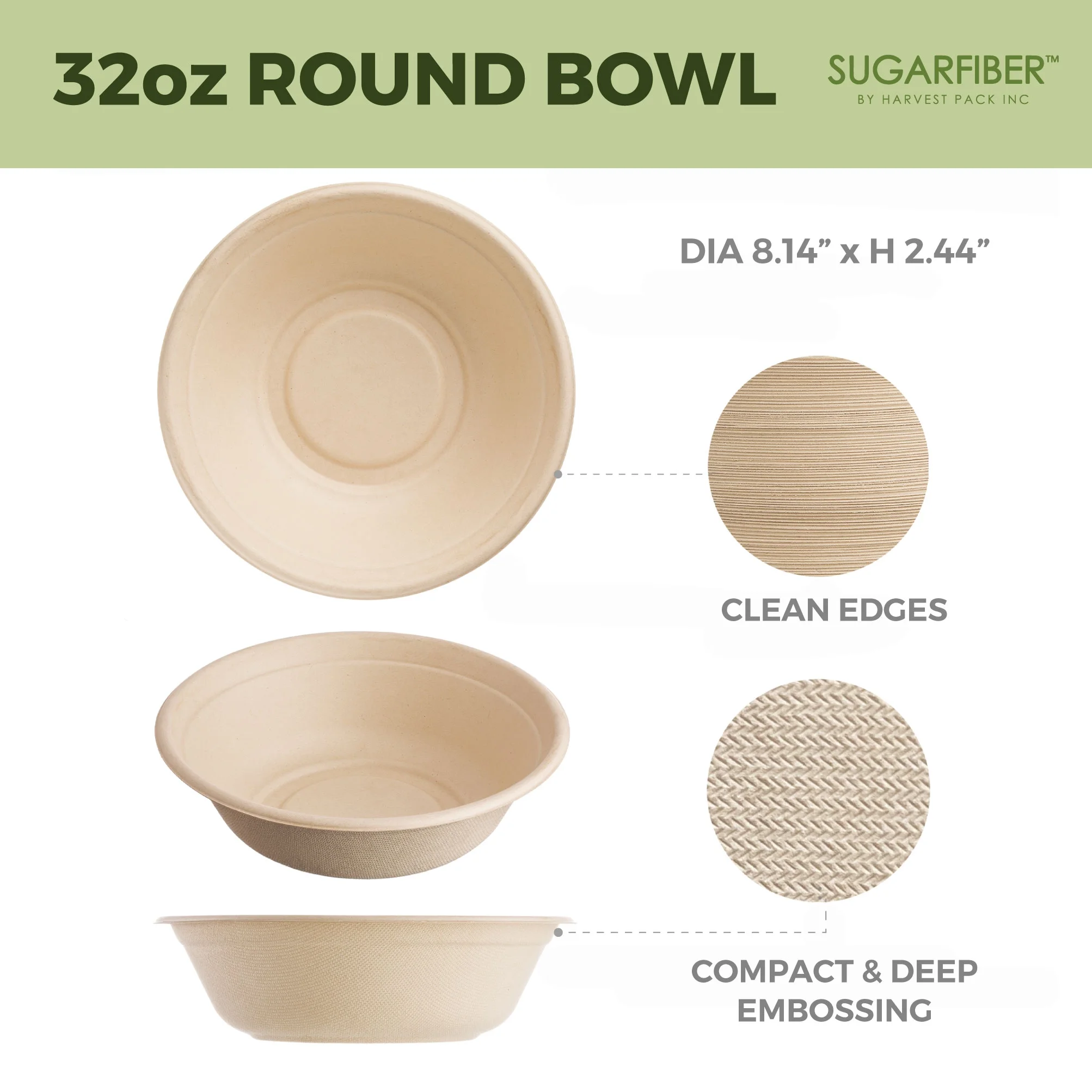 Sugarfiber 32oz Round Disposable Paper Bowl with Lid - Compostable Eco-Friendly Plant Fiber Containers for Meal Prep Takeout Dinnerware Plates Catering 100% by-product - 500 Set