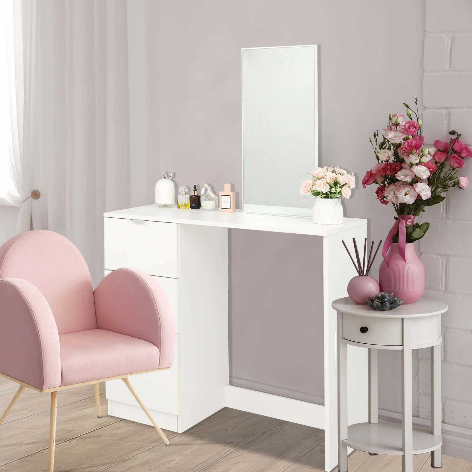 Ktaxon Vanity Set with 3 Color Lighted Mirror, Makeup Table with 6 Drawers, Dressing Table Makeup Desk with Stool,White