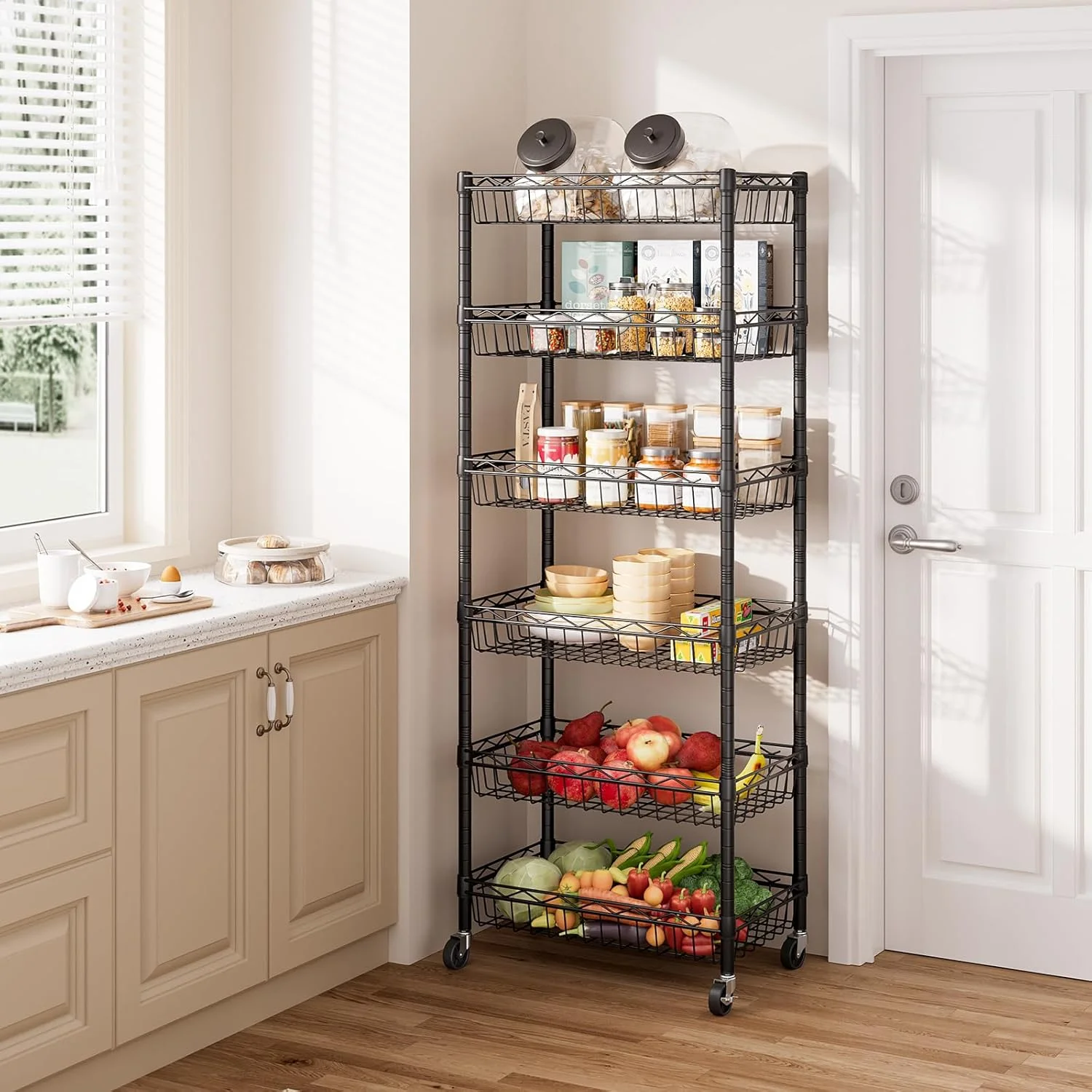 6 Tier Wire Shelving Unit with Wheels Baskets Storage Rack Corner Shelves Adjustable Shelf Closet Bathroom Organizers Metal Pantry Kitchen Garage Laundry Room 13.5